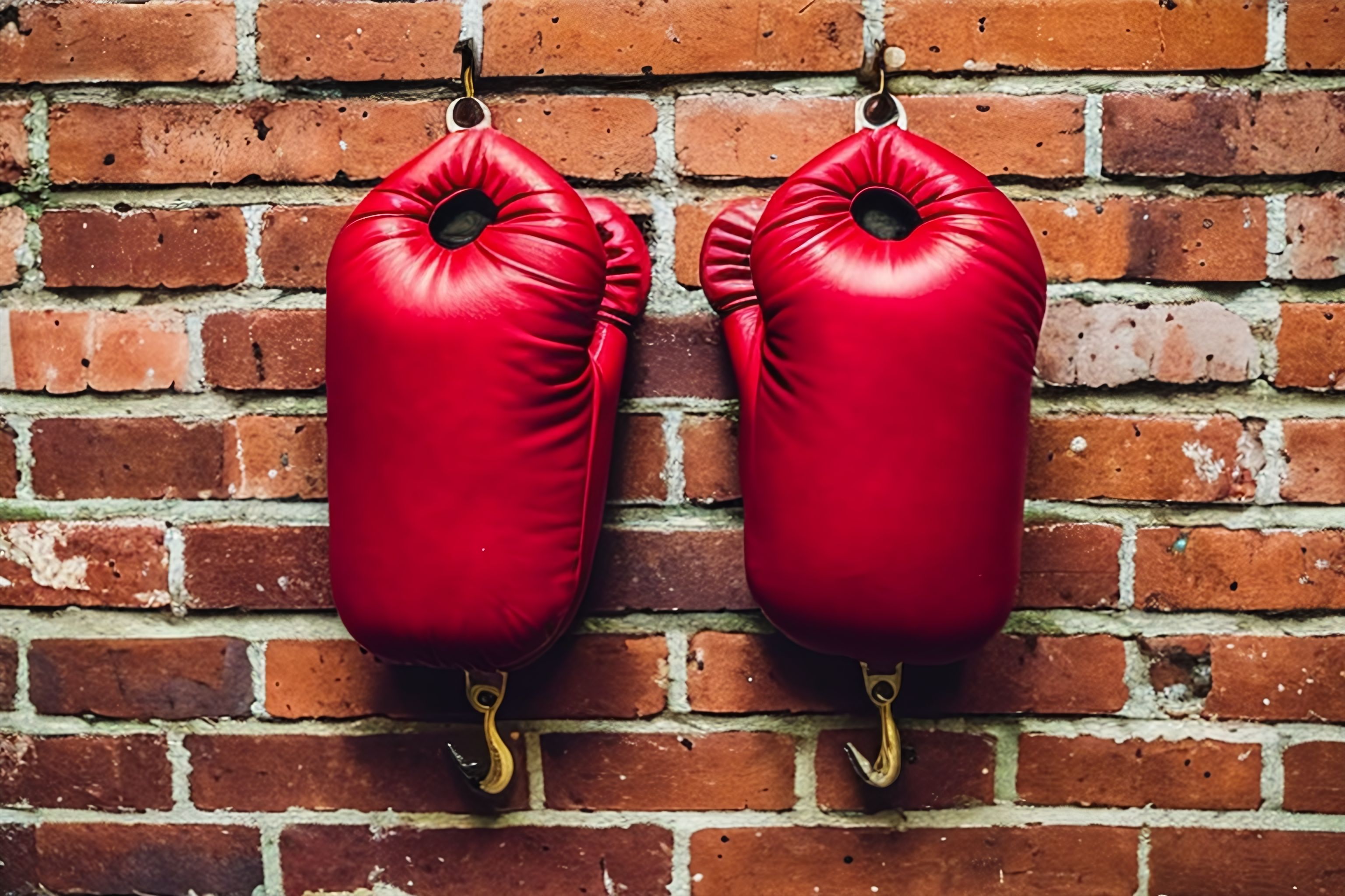 A pair of red boxing gloves hanging from a hook on a brick wall.