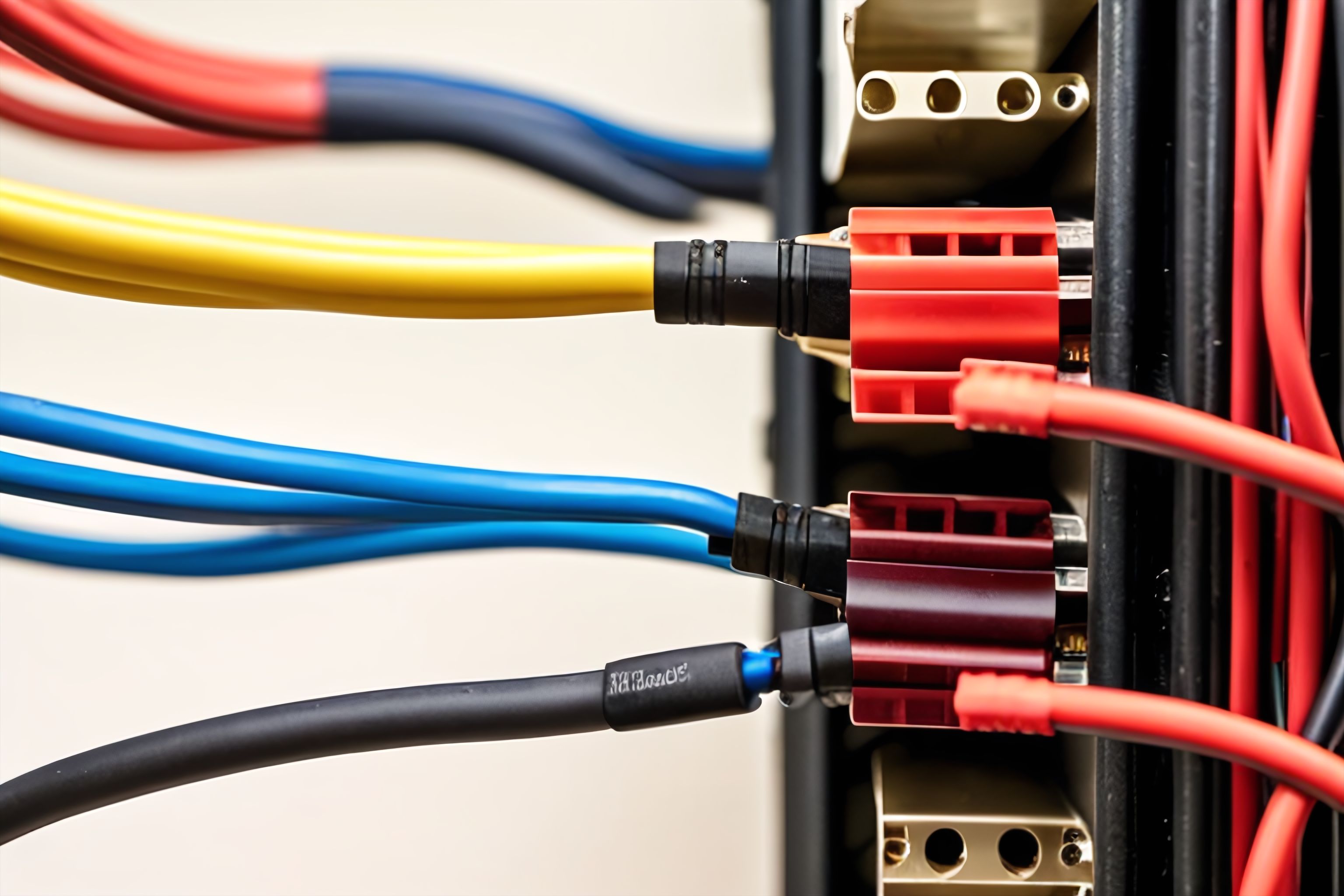 A close up of electrical wires and connectors.