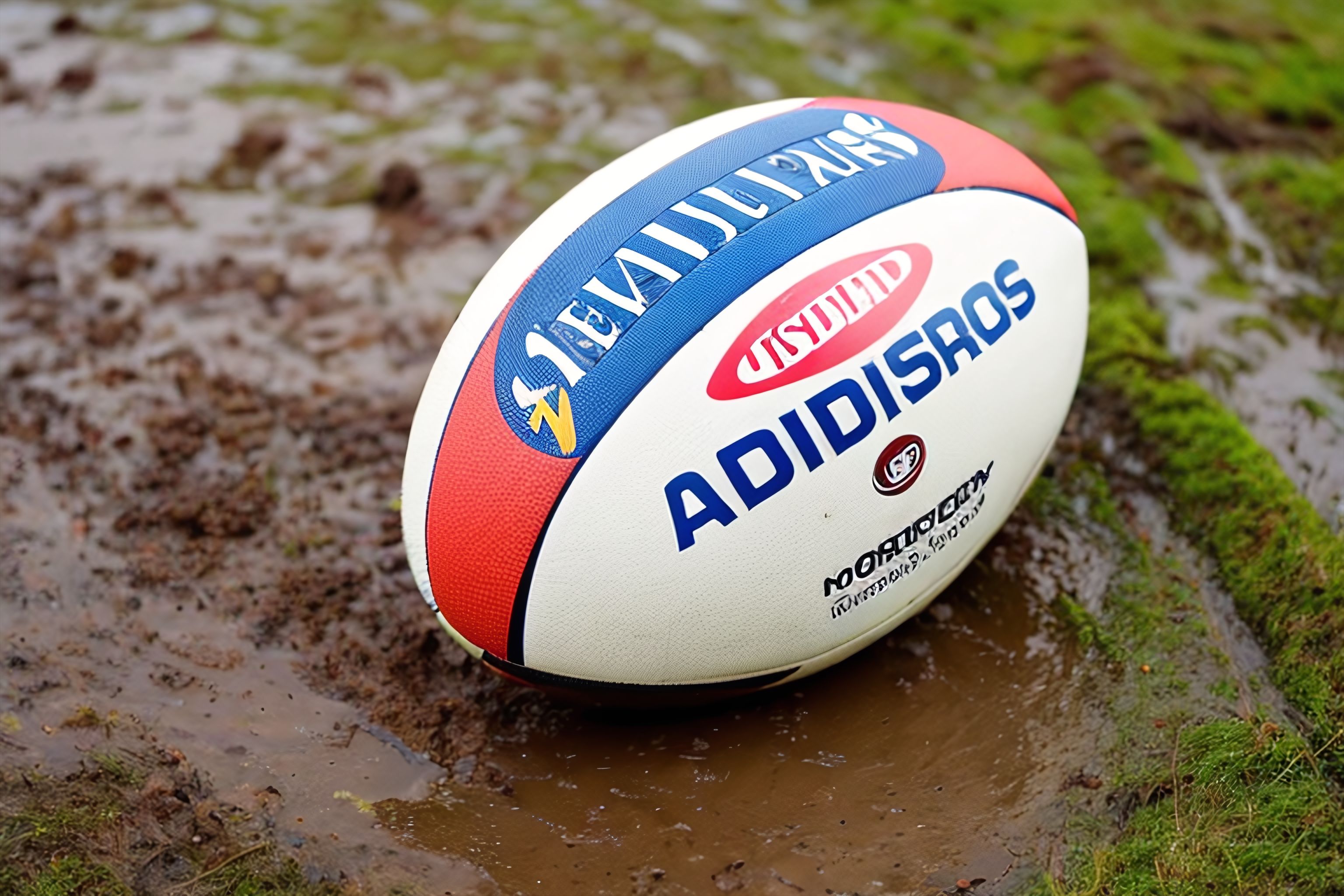 A rugby ball on a muddy pitch