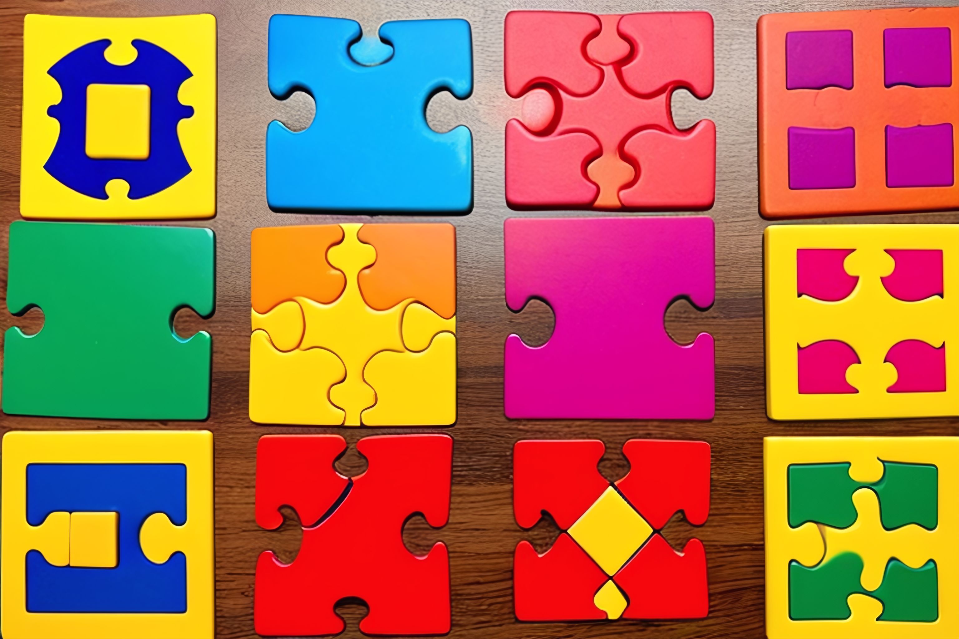 A puzzle with several different pieces of varying colors and shapes.