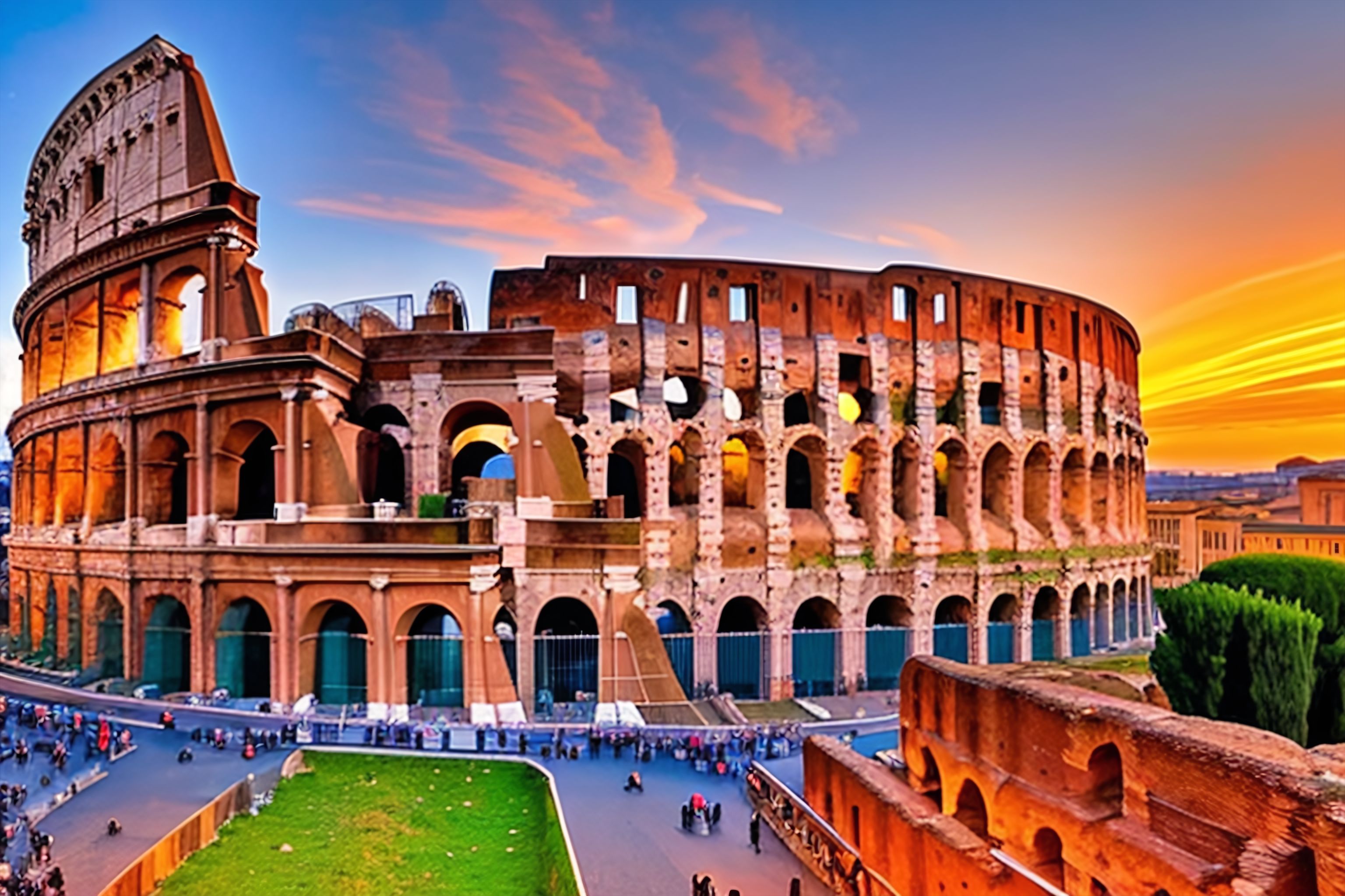 A view of the Colosseum in Rome at sunset.