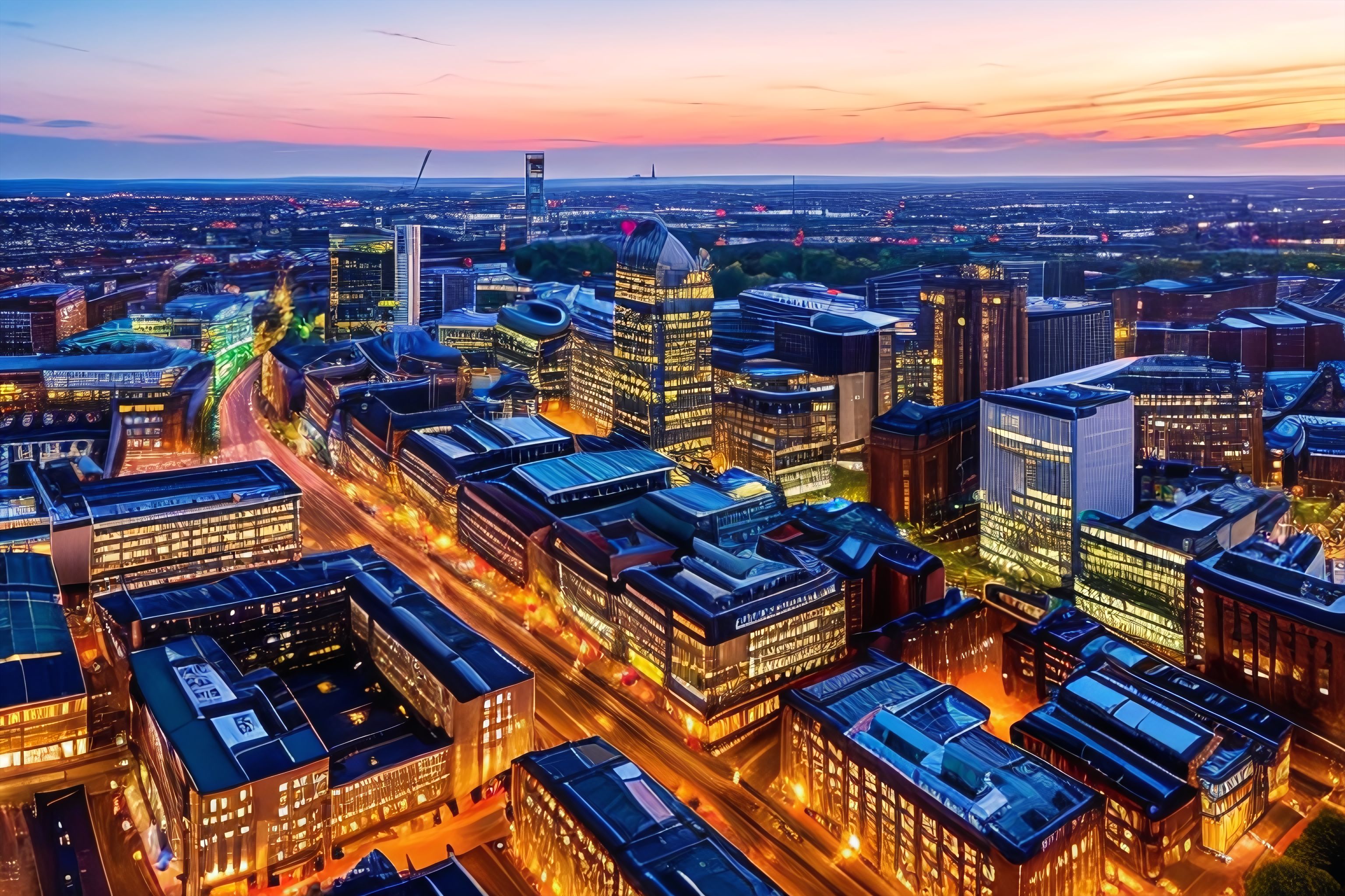 A photo of the Manchester skyline at sunset.