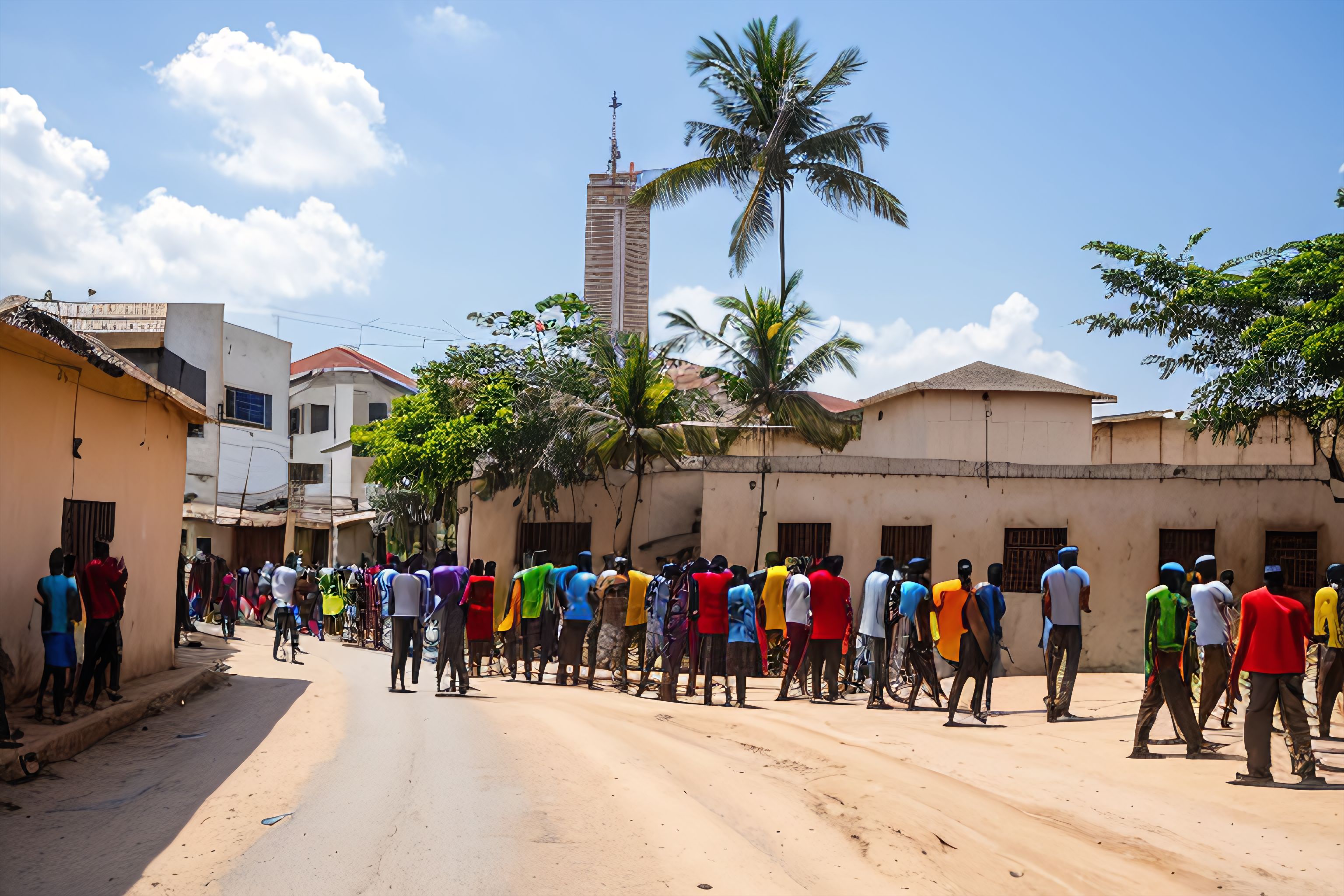 A picture of a street in Dar es Salaam with a group of construction workers in the background.