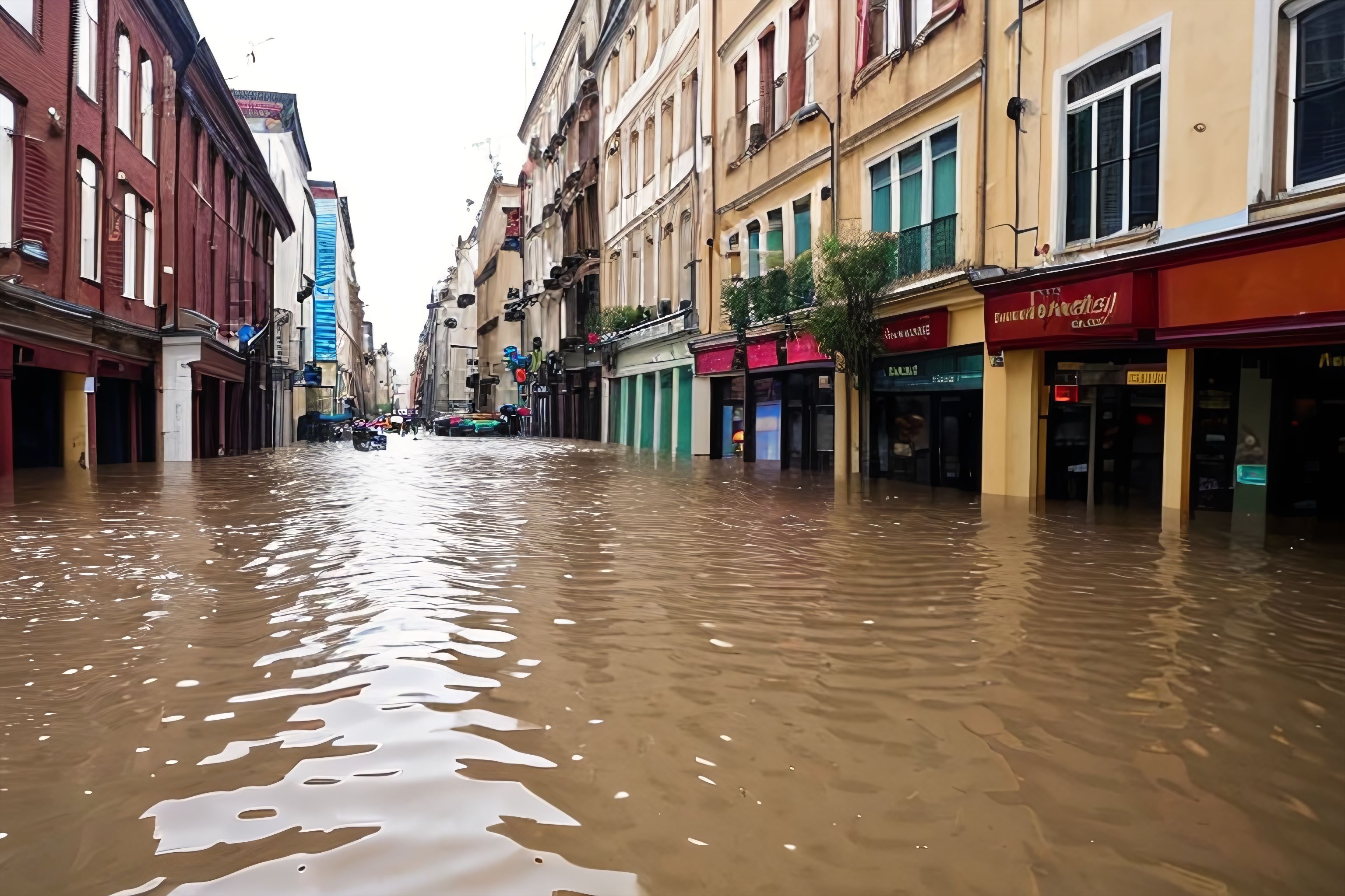 A photo of a flooded city street.