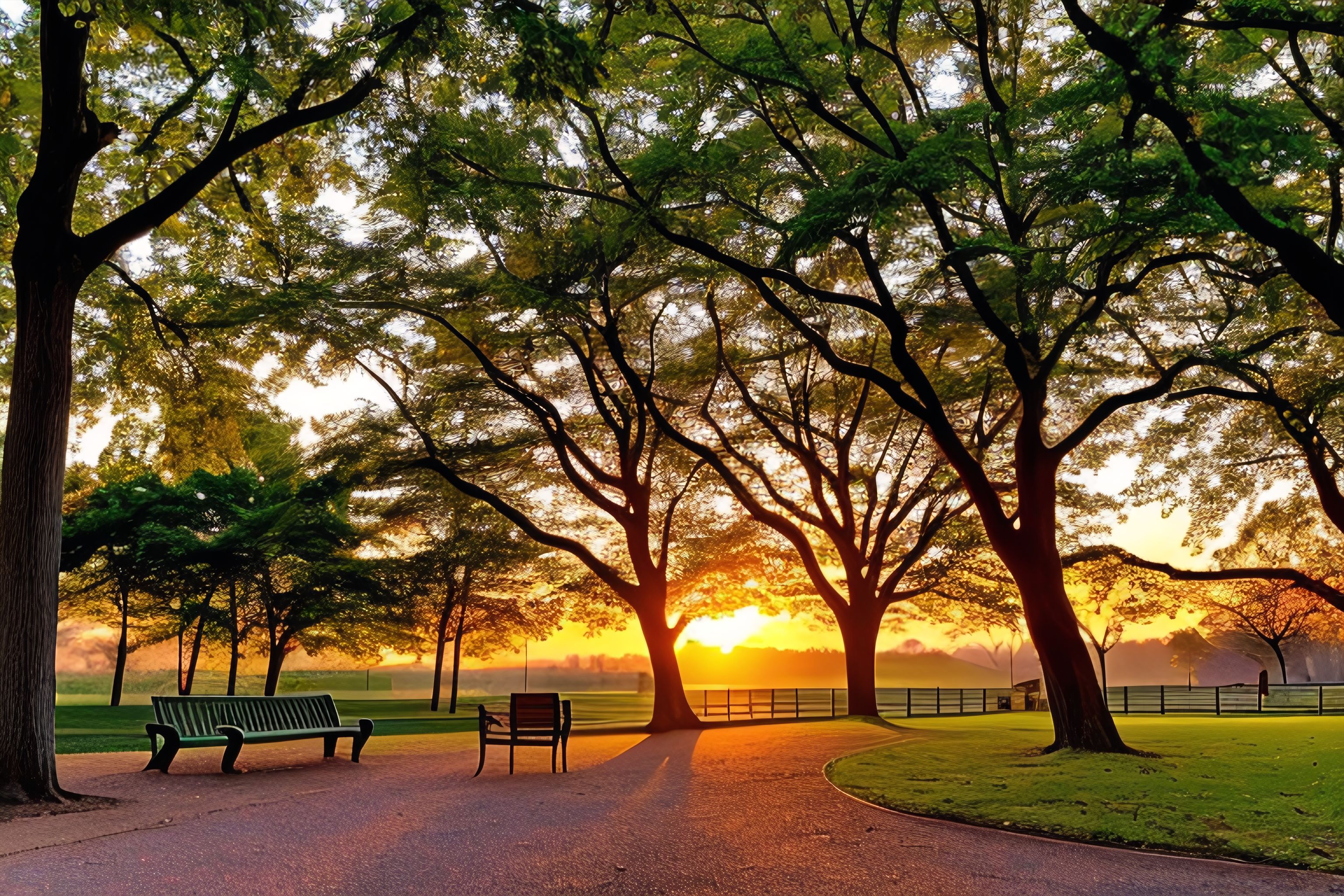 Sunrise over a quiet park