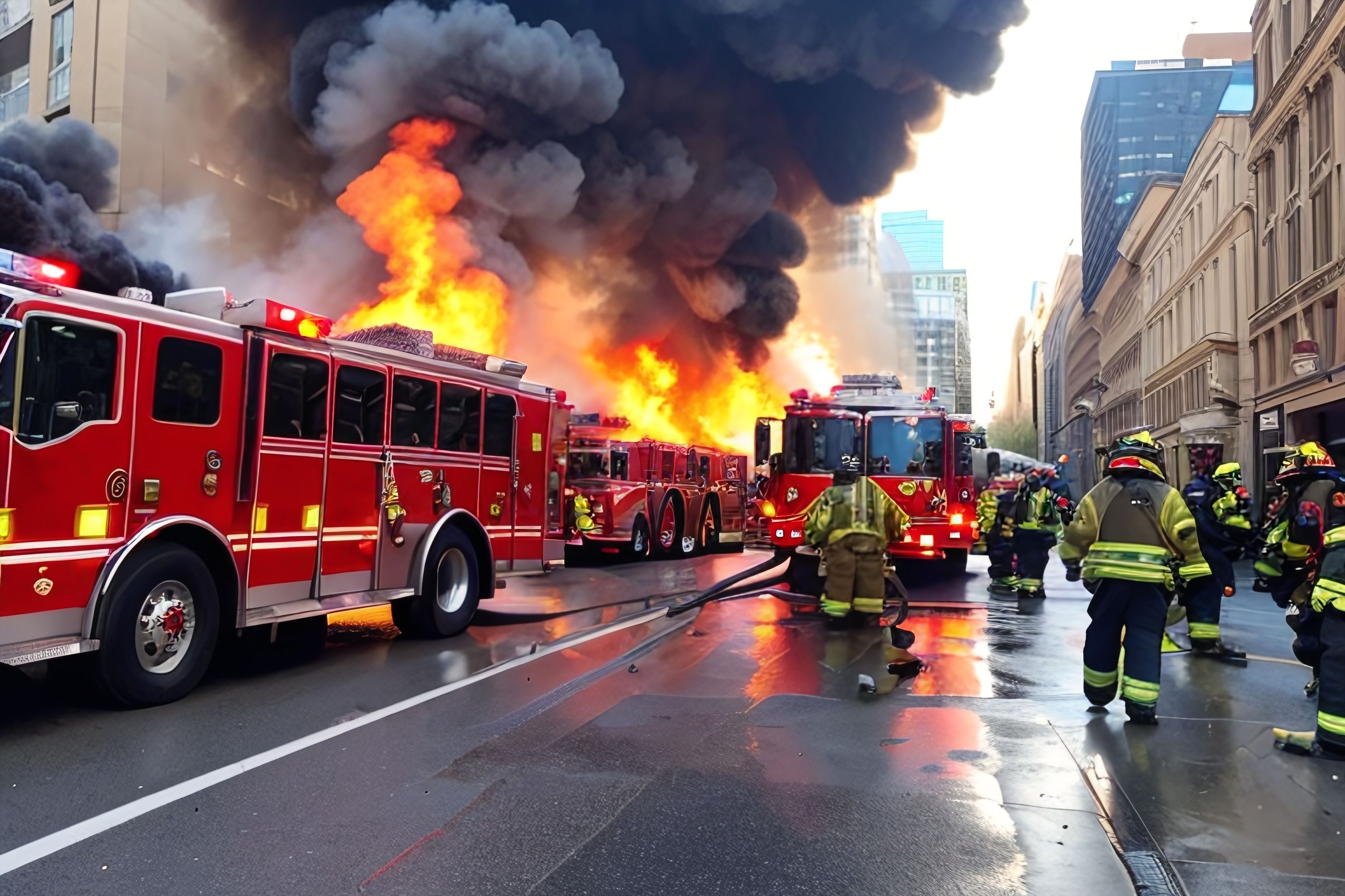 A blazing fire in the middle of a city street with firefighters working to extinguish it