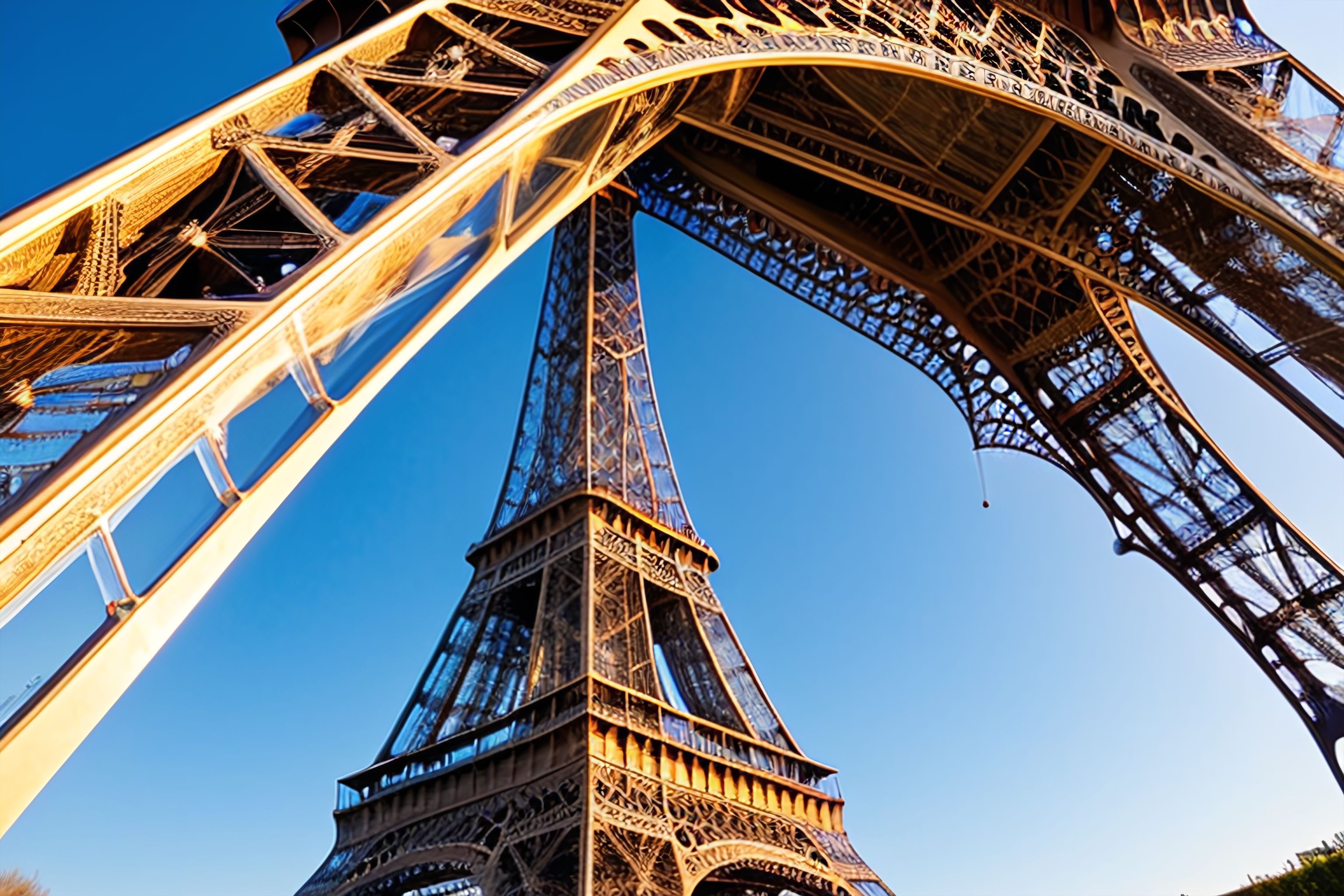 A close-up of the Eiffel Tower