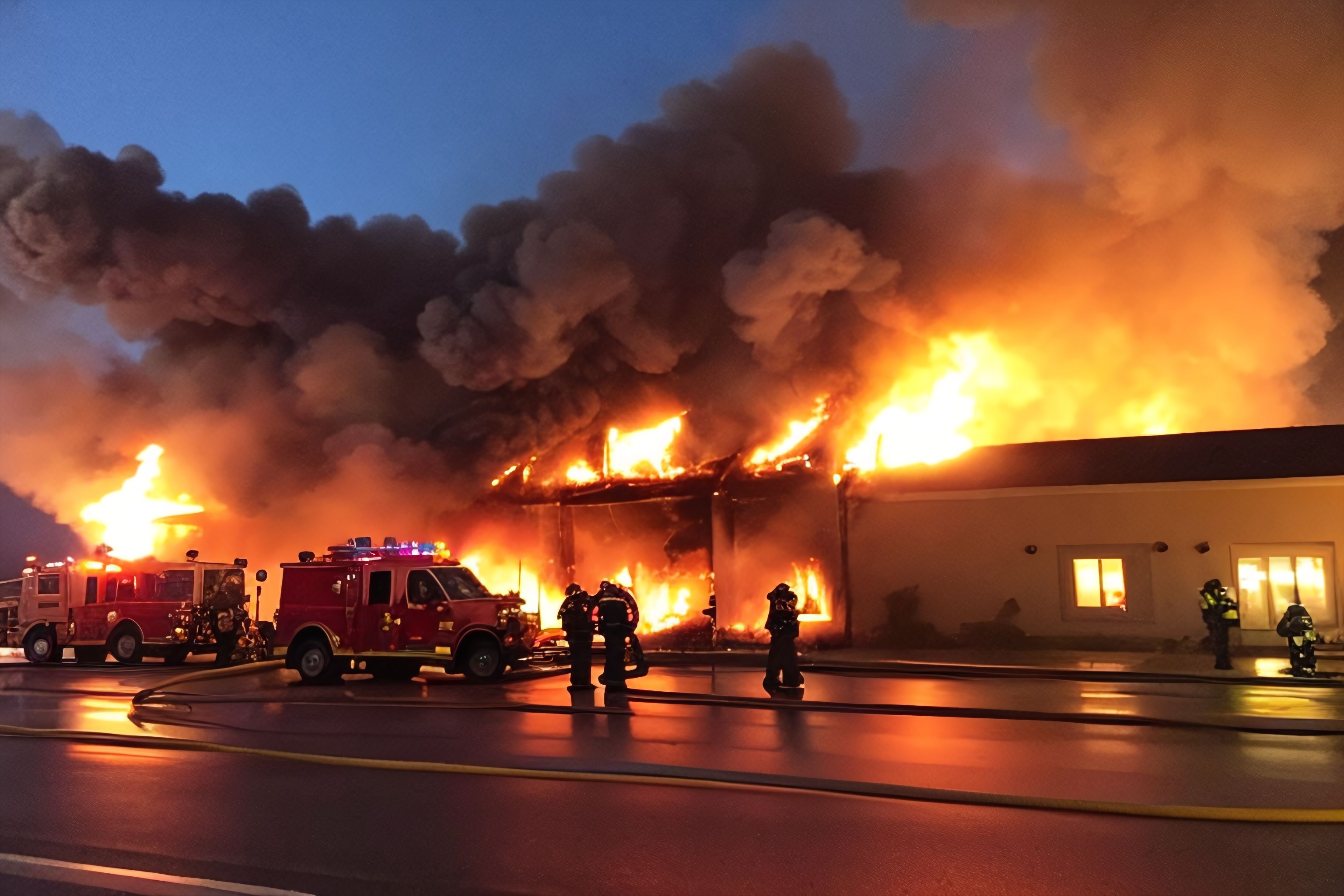 A burning building with firefighters working to put out the flames