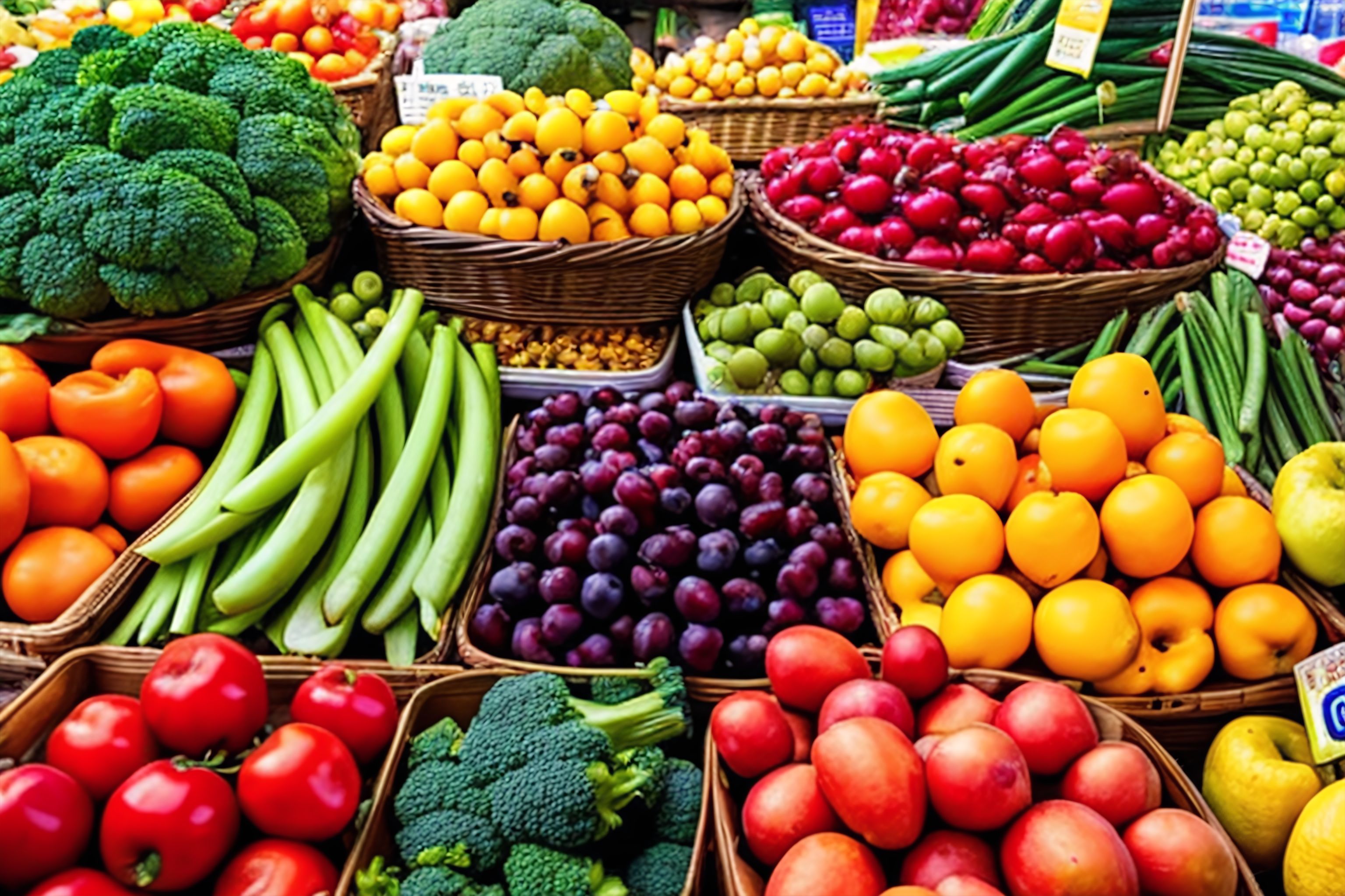 A colorful display of fruits and vegetables at a market.