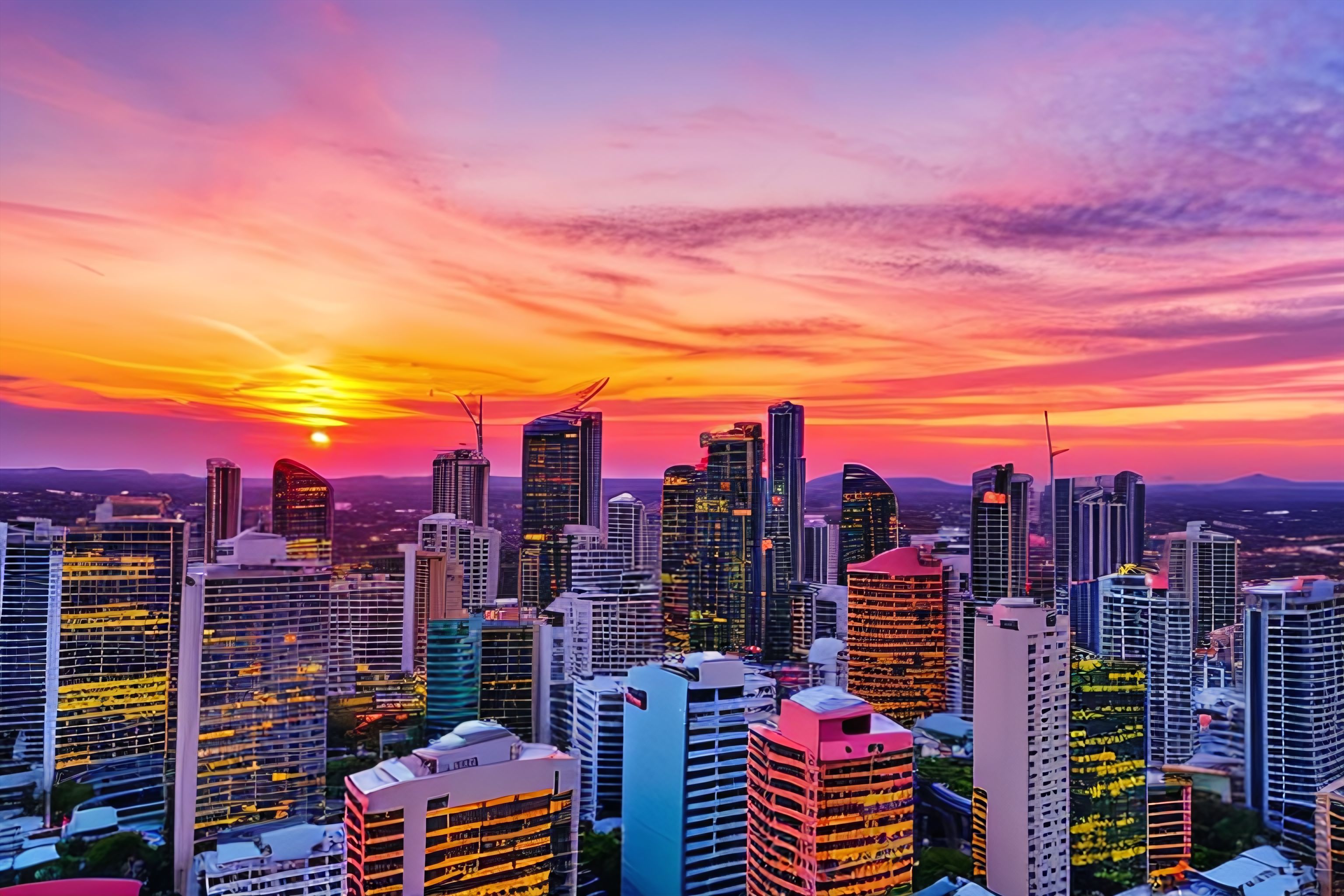 A vibrant pink and orange sunrise over the Brisbane skyline.