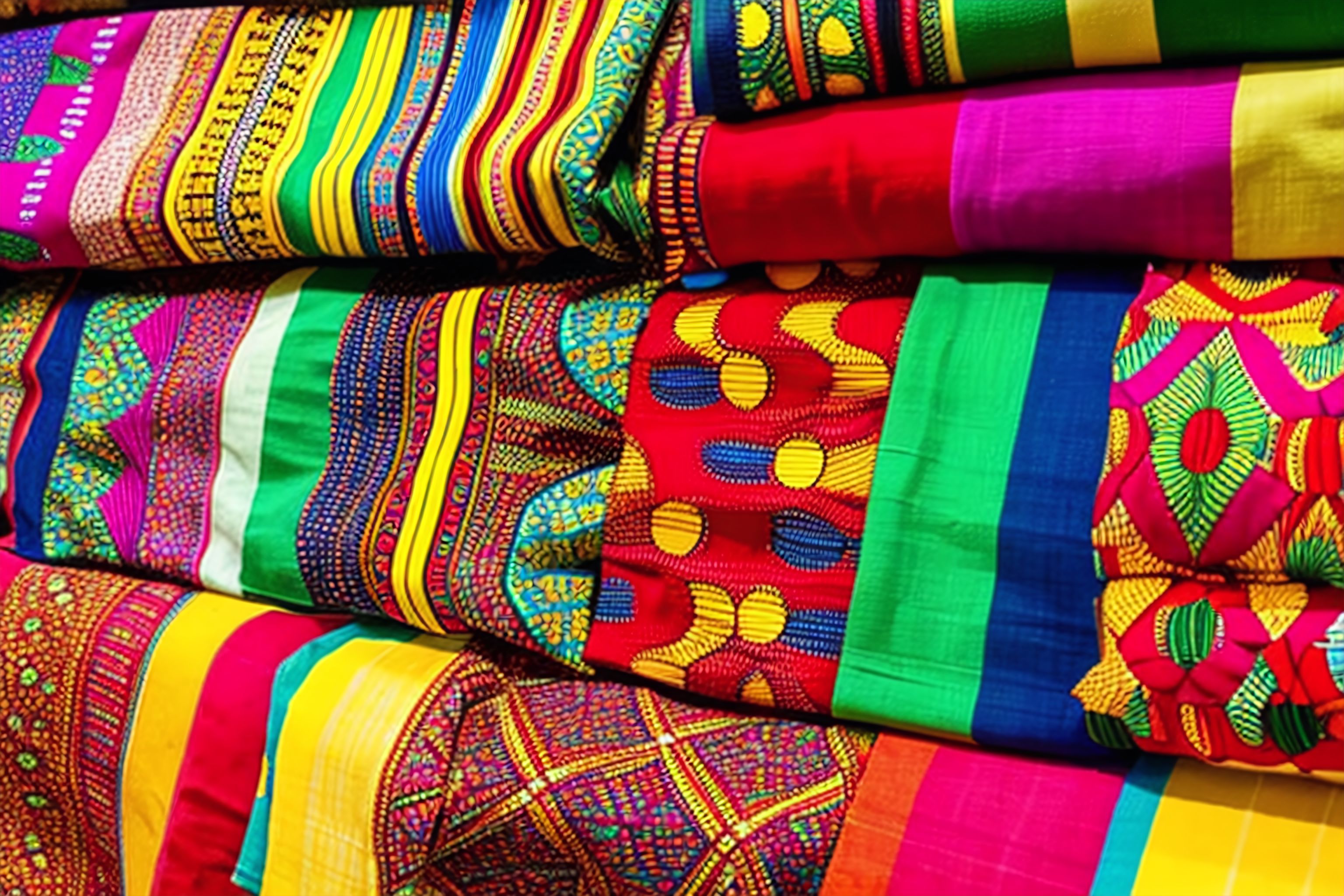 A pile of vibrant African fabric at a market stall.