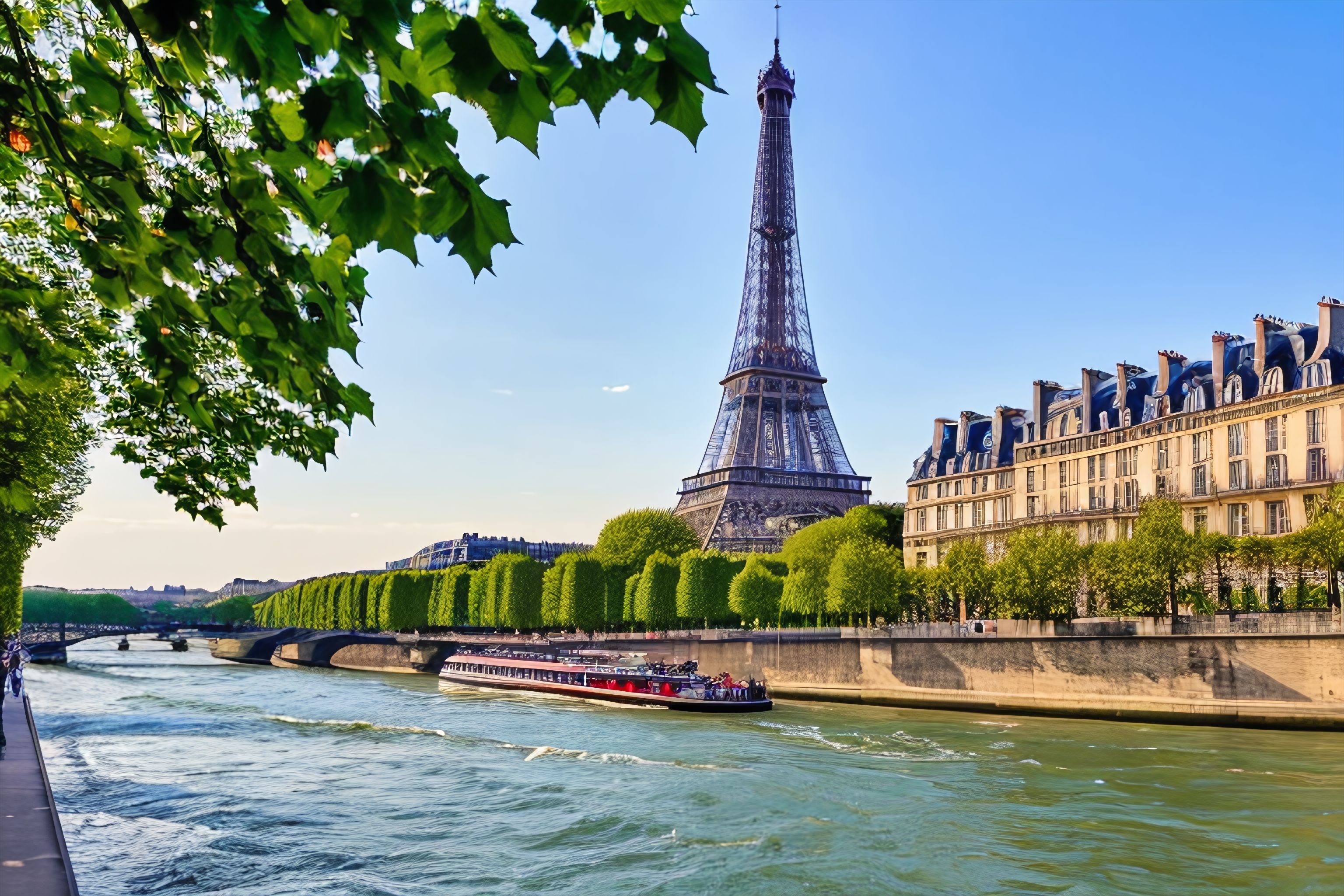 A view of the Seine with the Eiffel Tower in the background