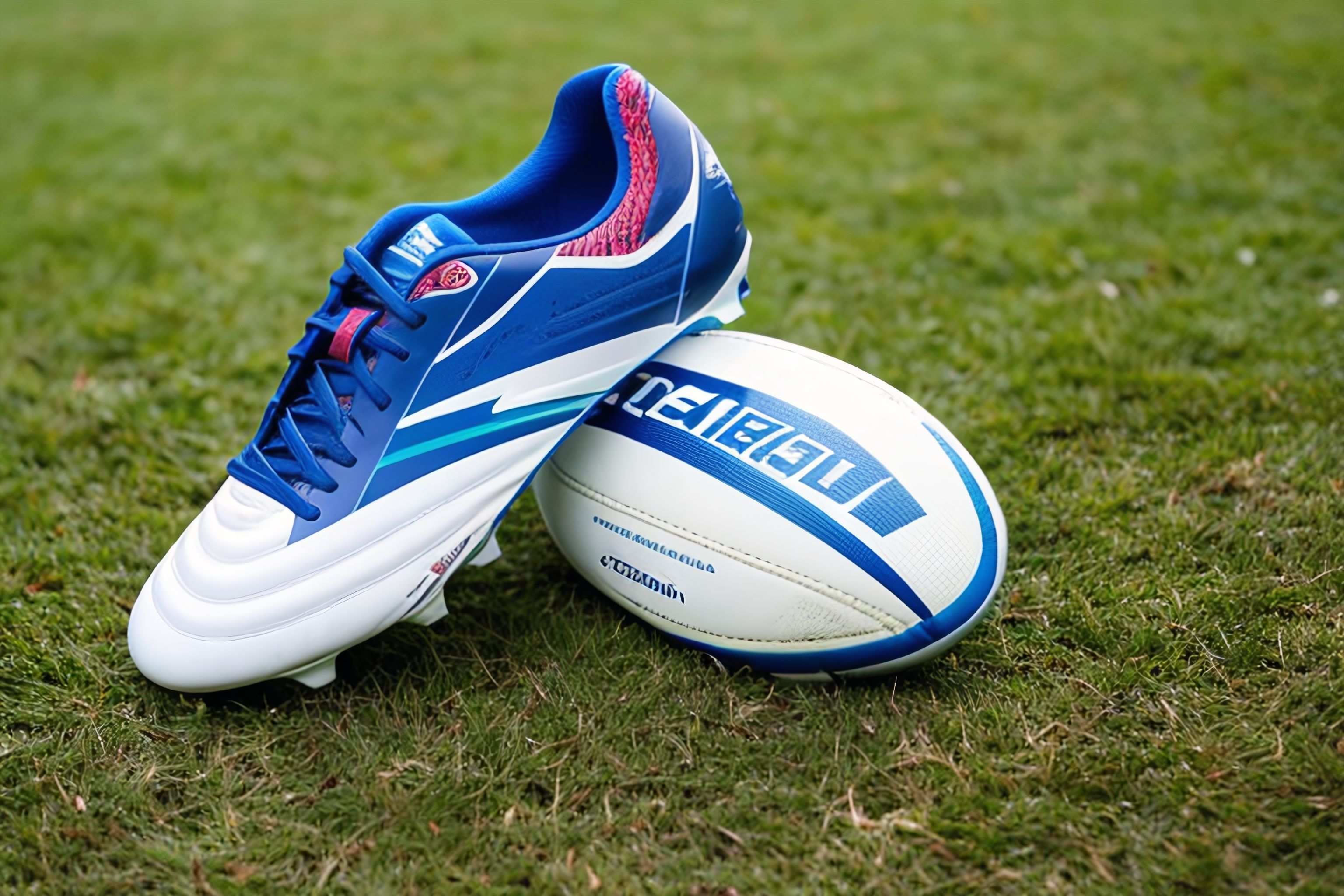 A rugby ball and cleats on a grassy field