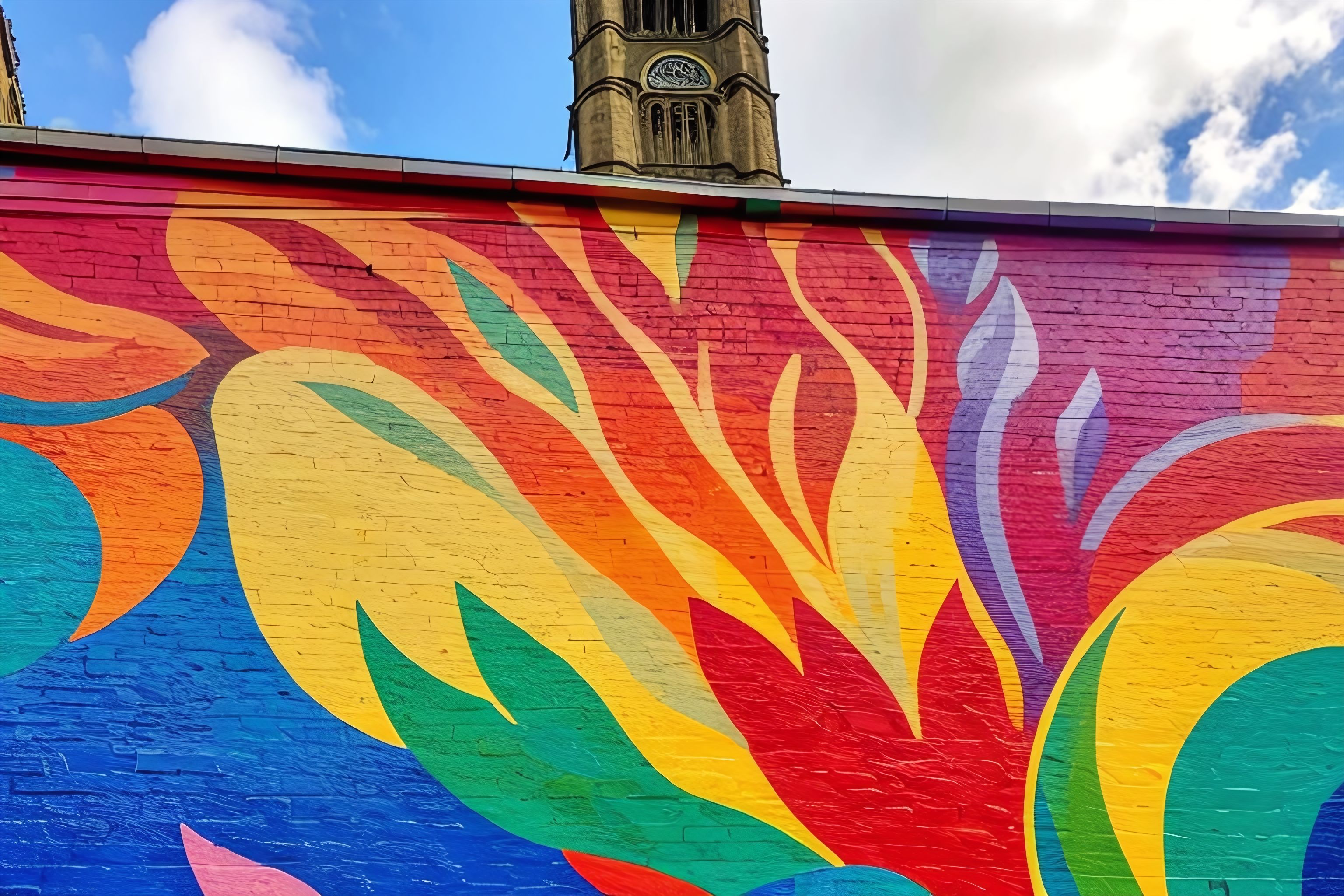 A close-up of a colorful mural in Manchester