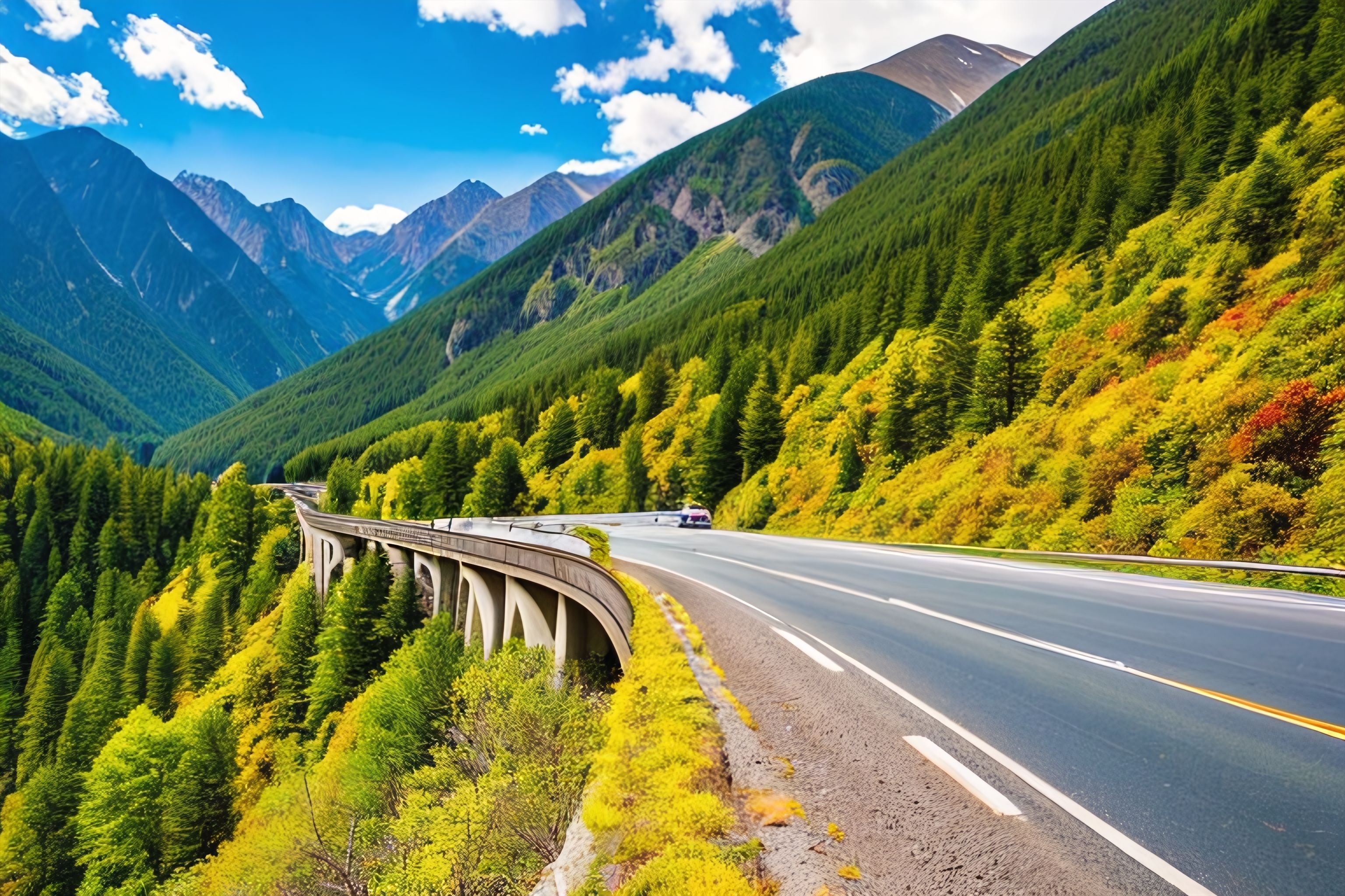 A scenic view of a long, winding highway through the mountains