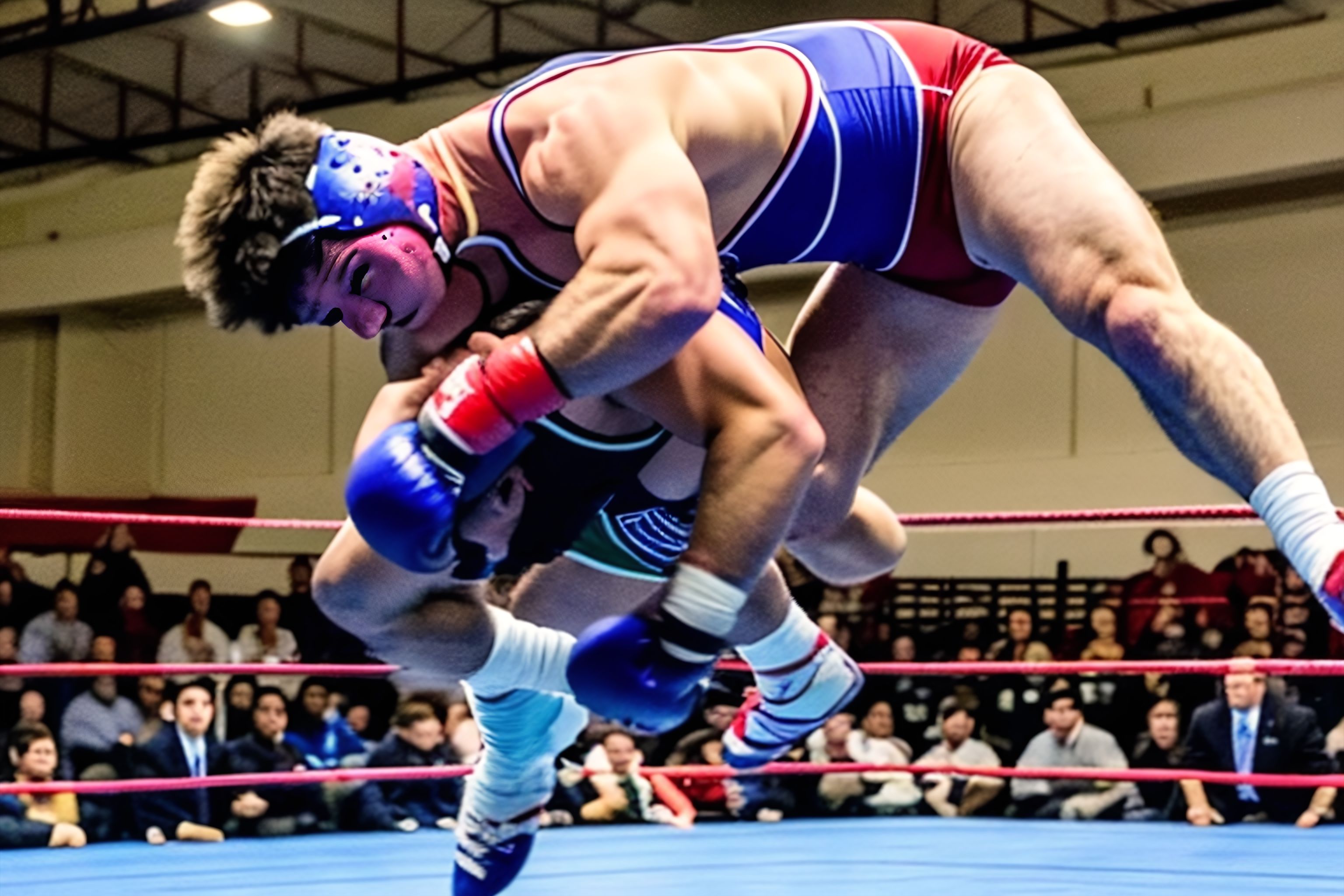 An action shot of a wrestler mid-air, about to slam his opponent onto the ground.