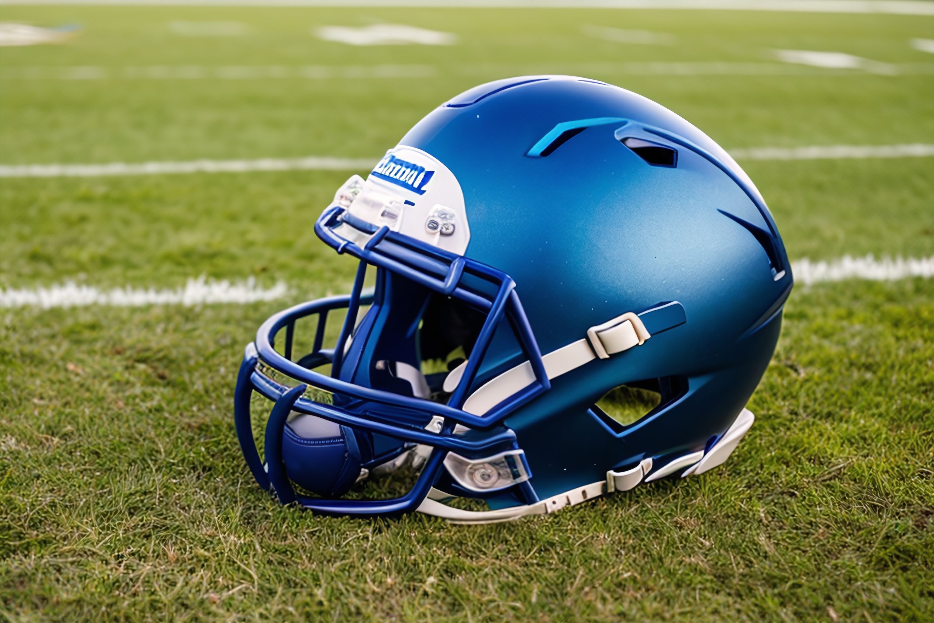 A football helmet sitting on a grassy field.