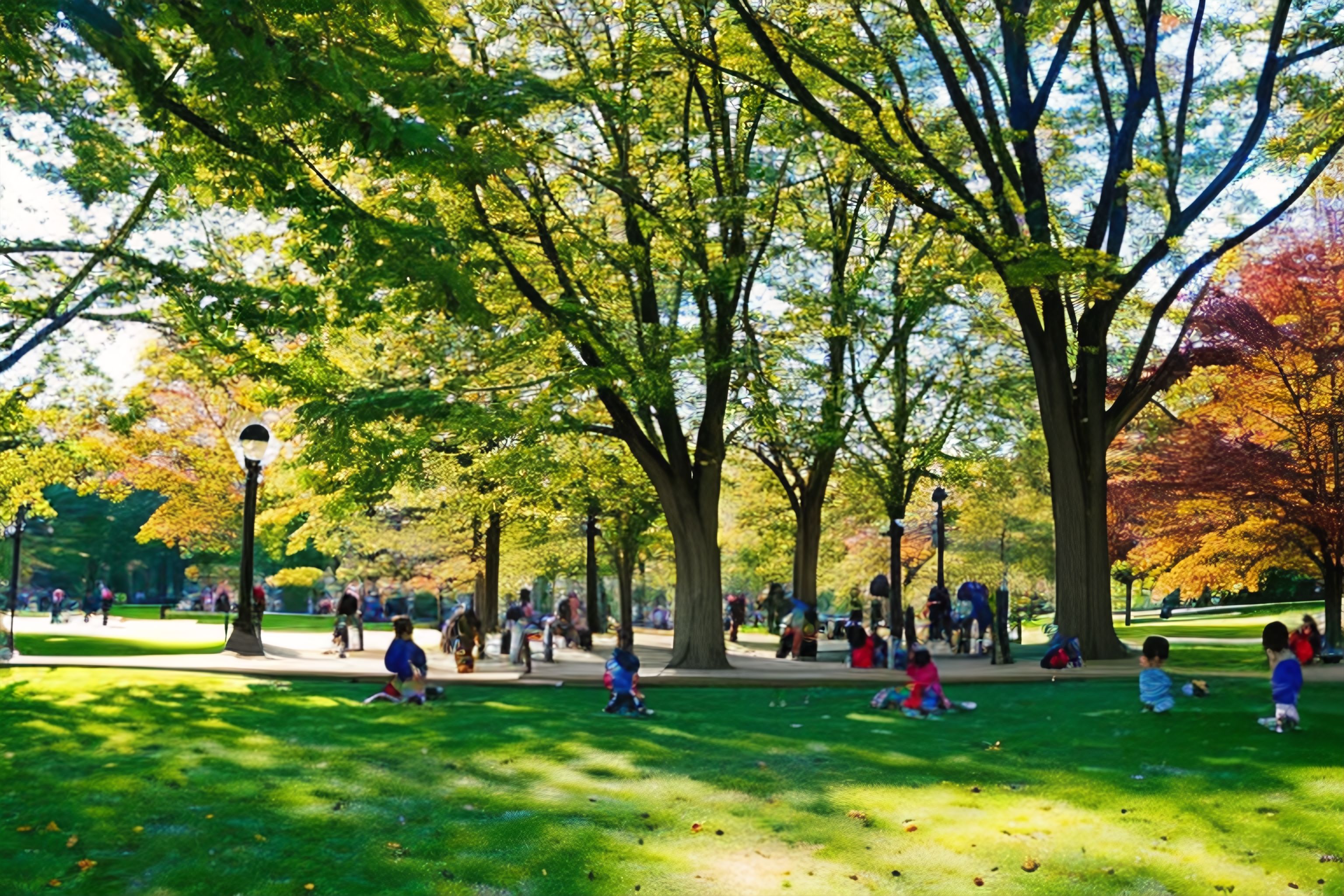 A sunny park in Toronto with happy children playing