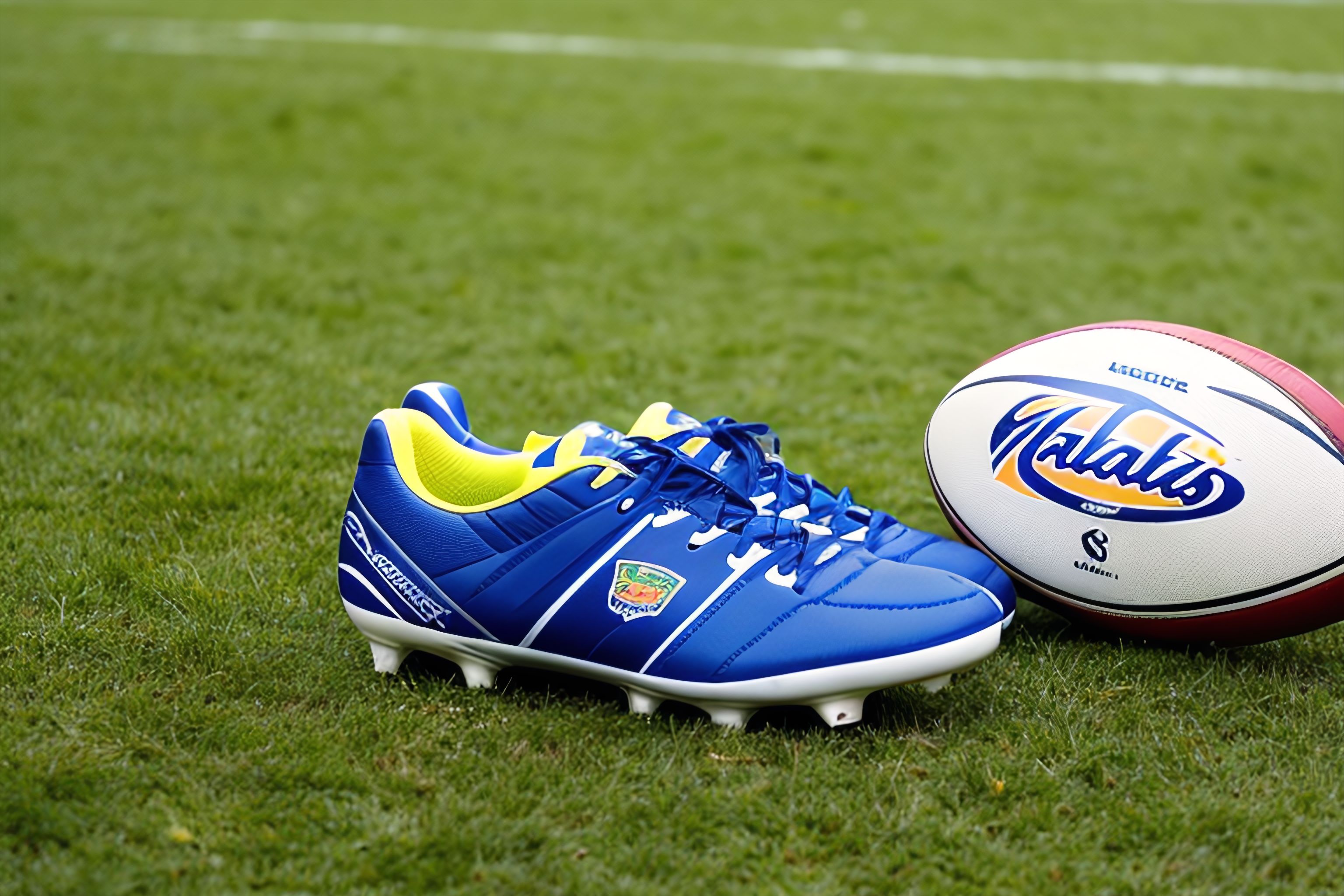 A rugby ball and cleats on a grass field