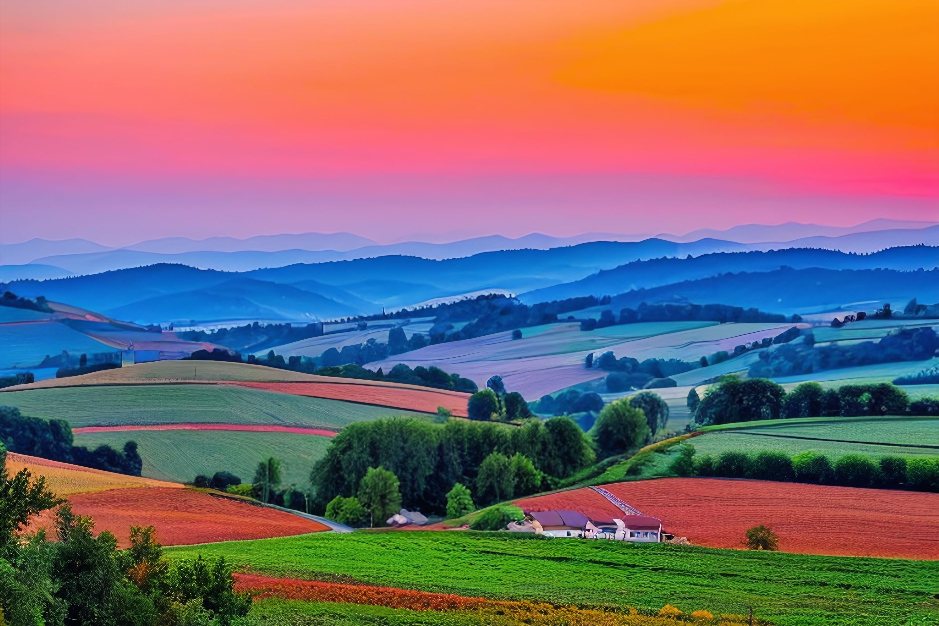 A vibrant sunset over the Georgian countryside.