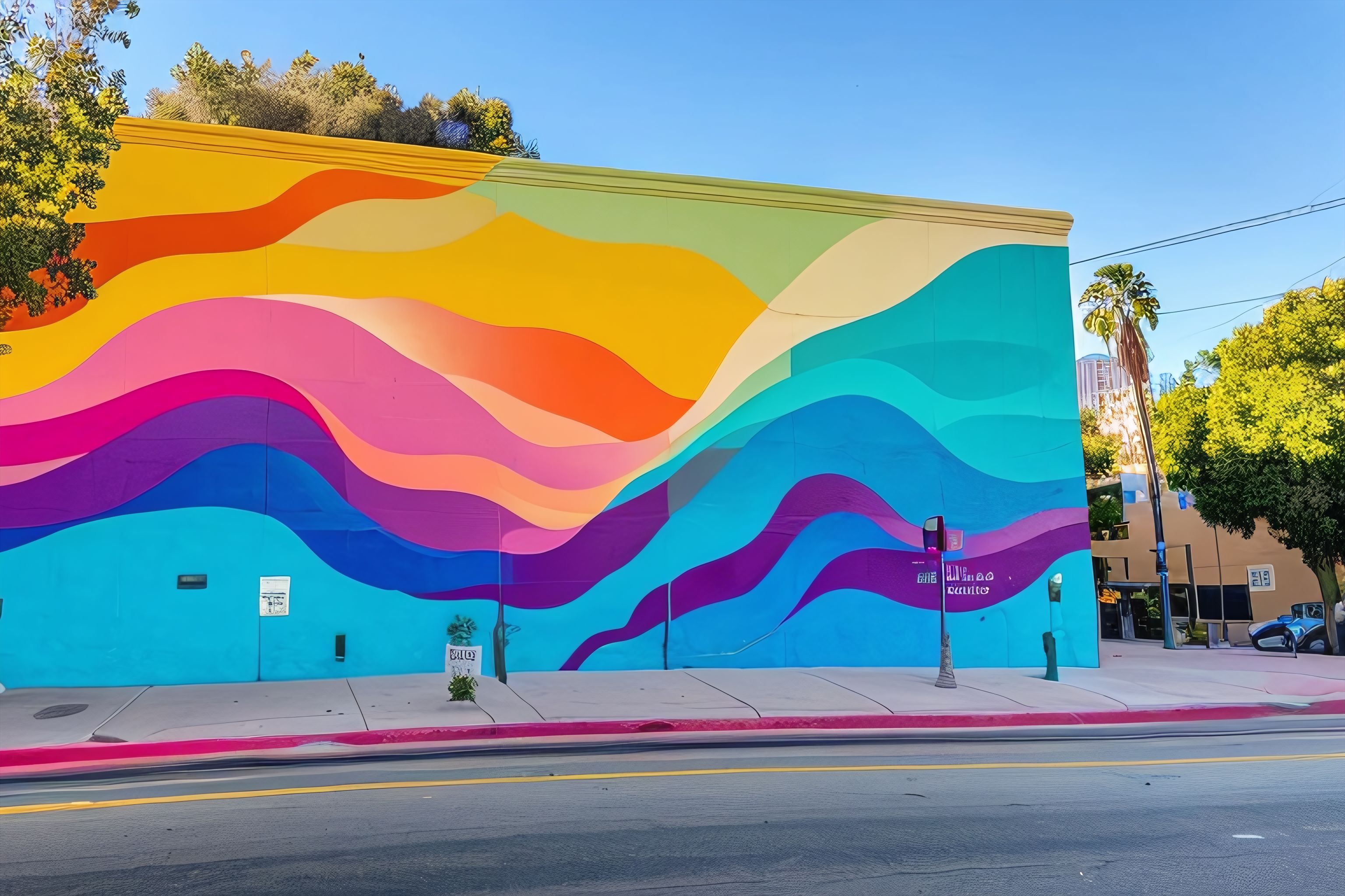 A vibrant, colorful mural on a Los Angeles street corner