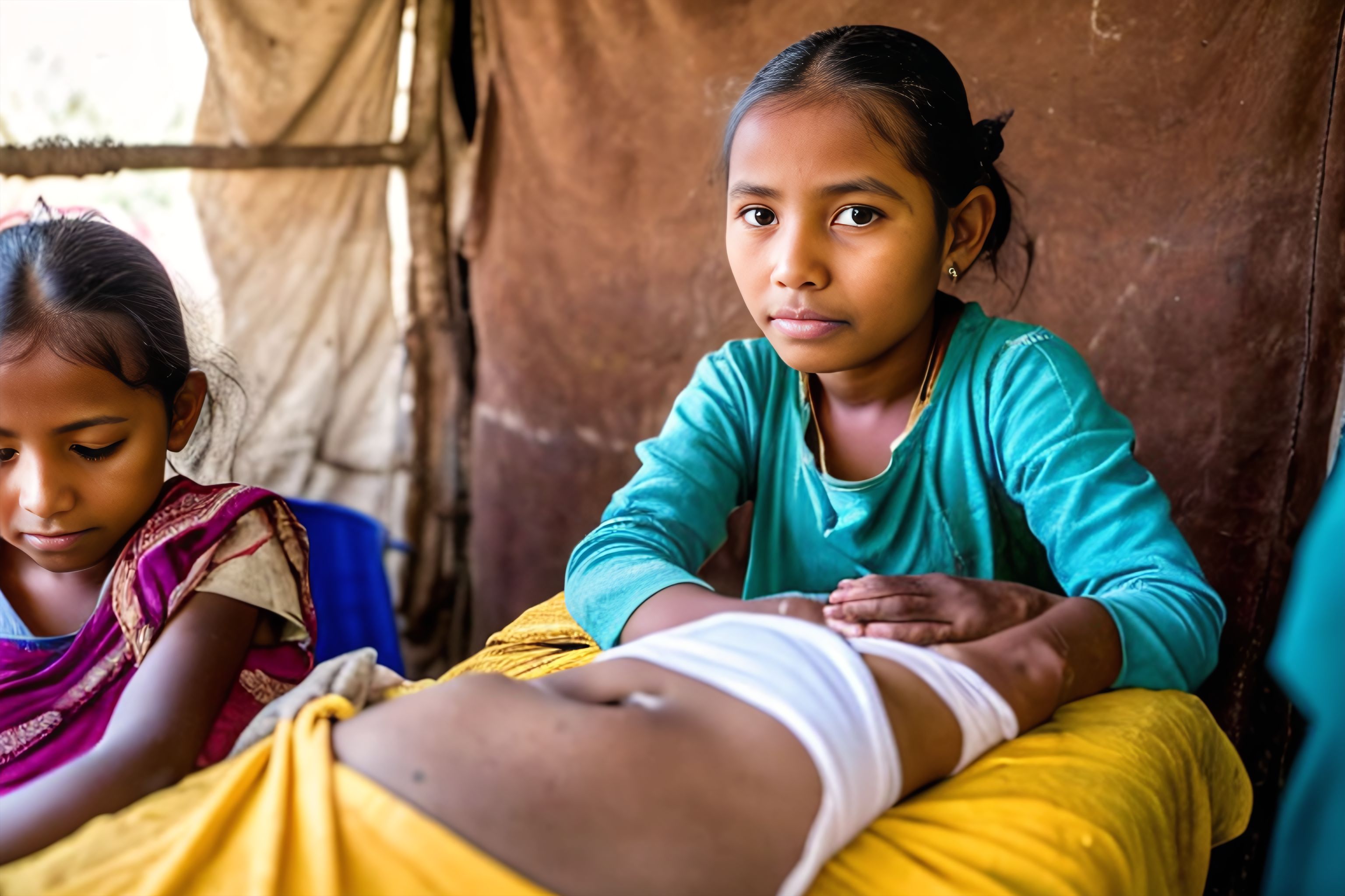 A photo of a young girl receiving medical attention in a makeshift clinic.