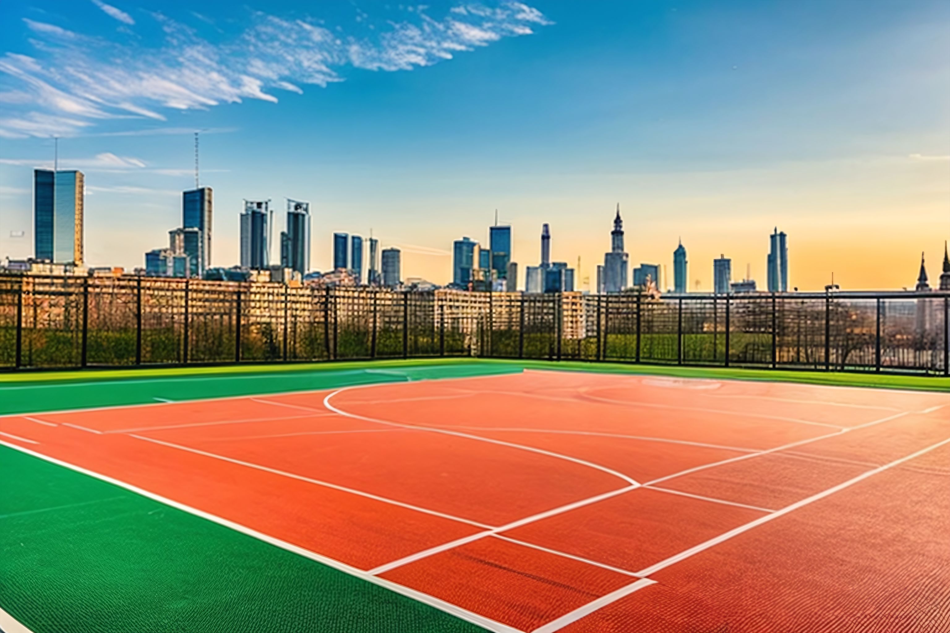 A basketball court with a view of the Moscow skyline.