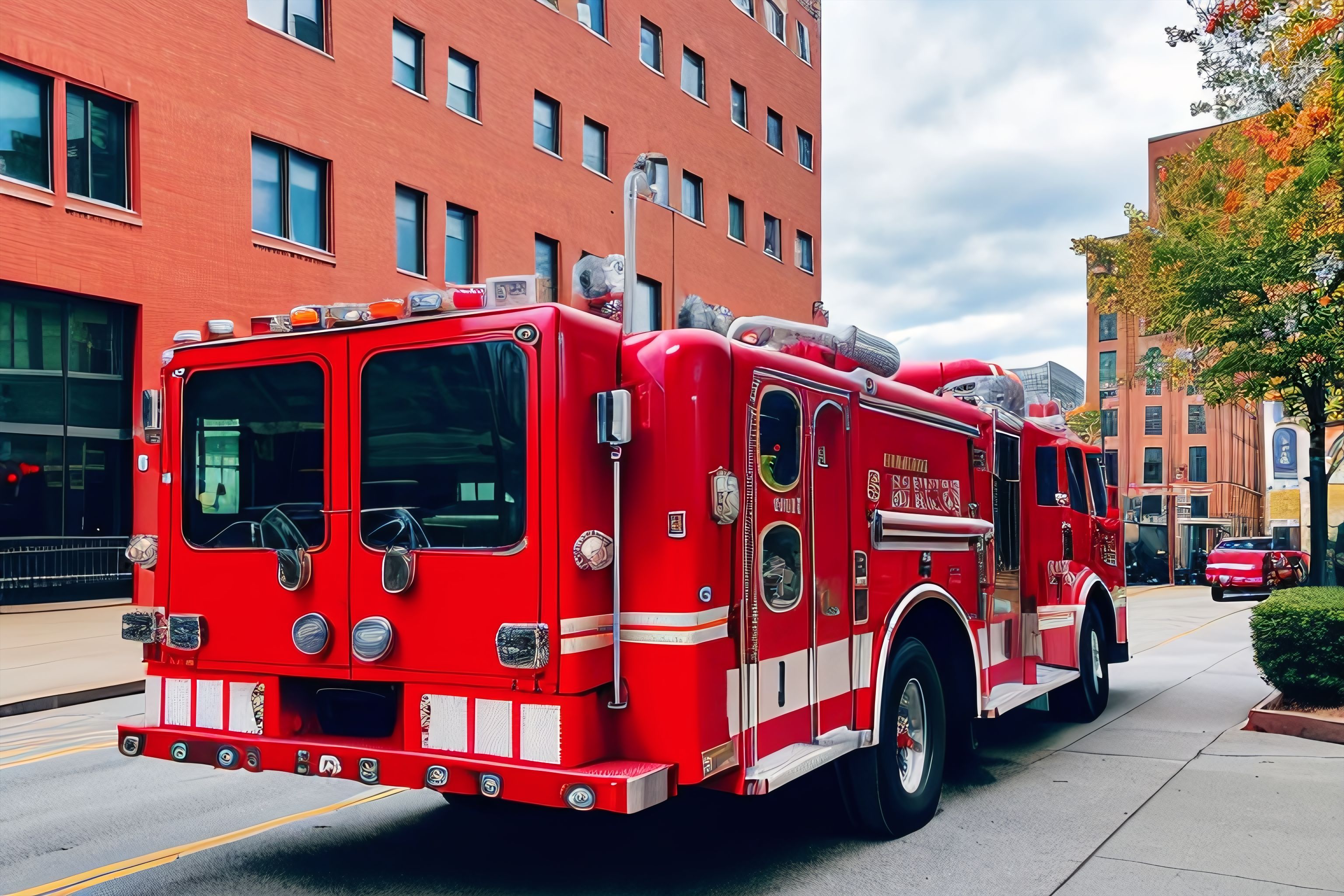 A bright red fire truck against a backdrop of gray buildings and blue sky
