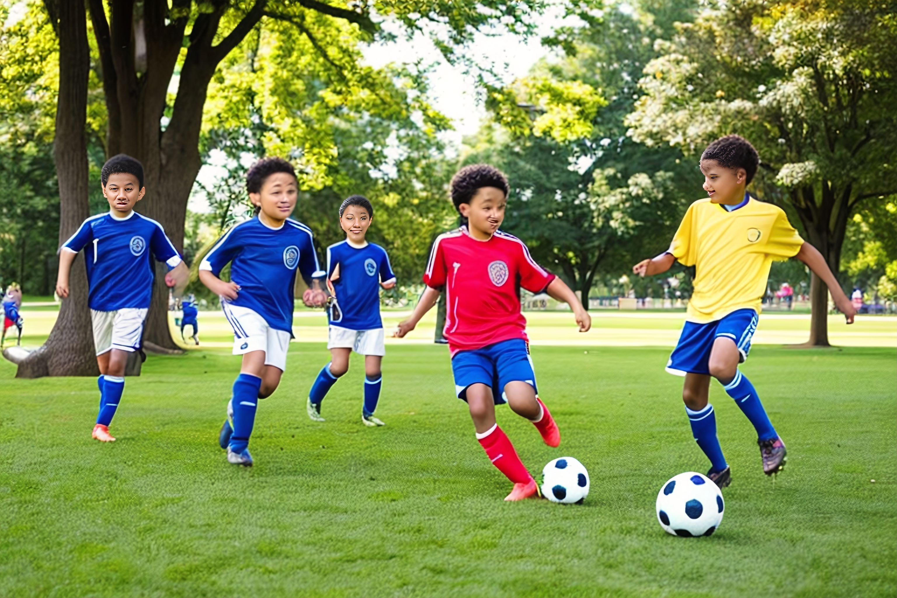 A group of children playing soccer in a park