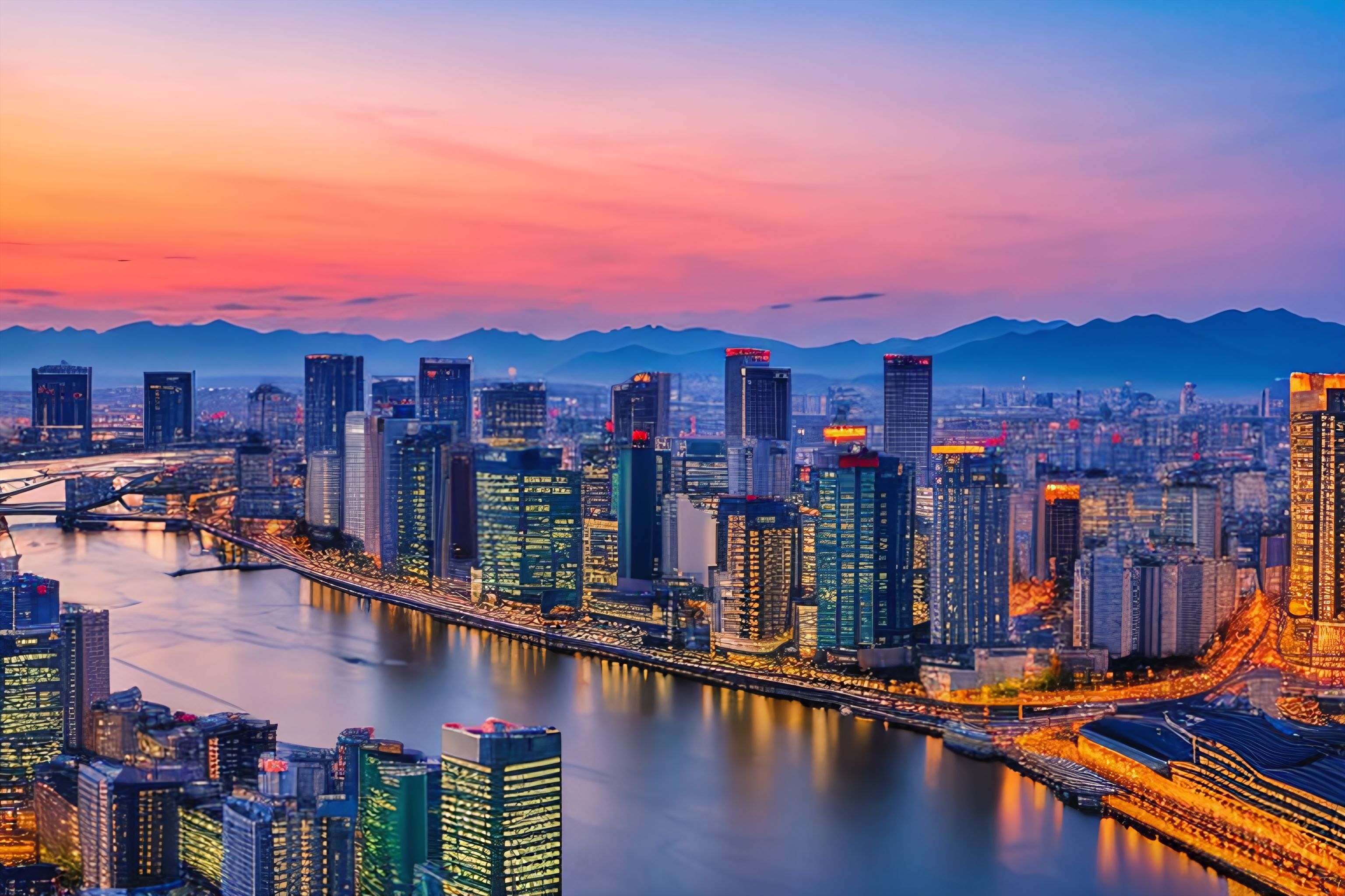 A skyline view of Osaka at sunset