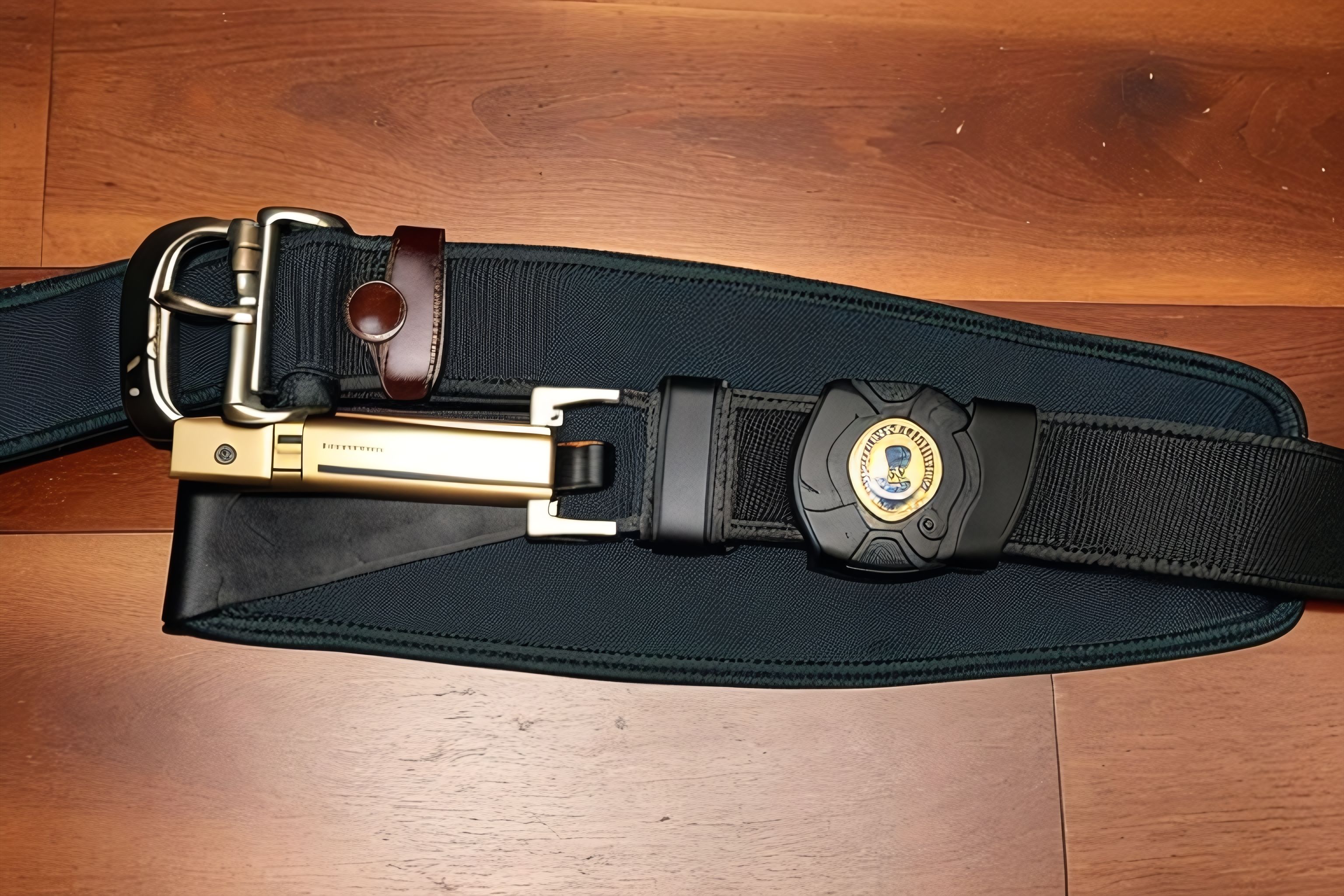A police belt with various tools such as a gun, handcuffs, and a flashlight