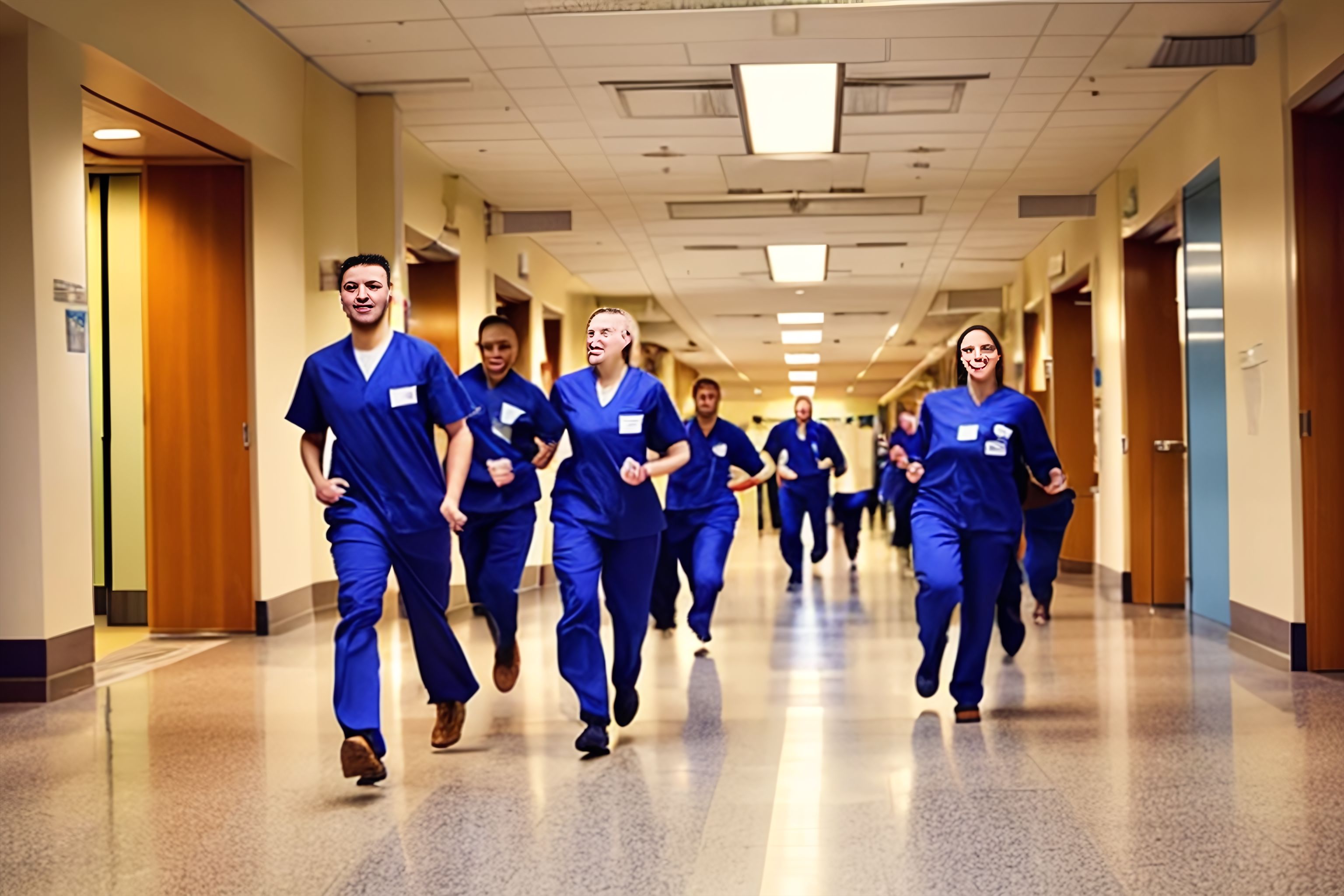 A hospital hallway with doctors and nurses rushing past.