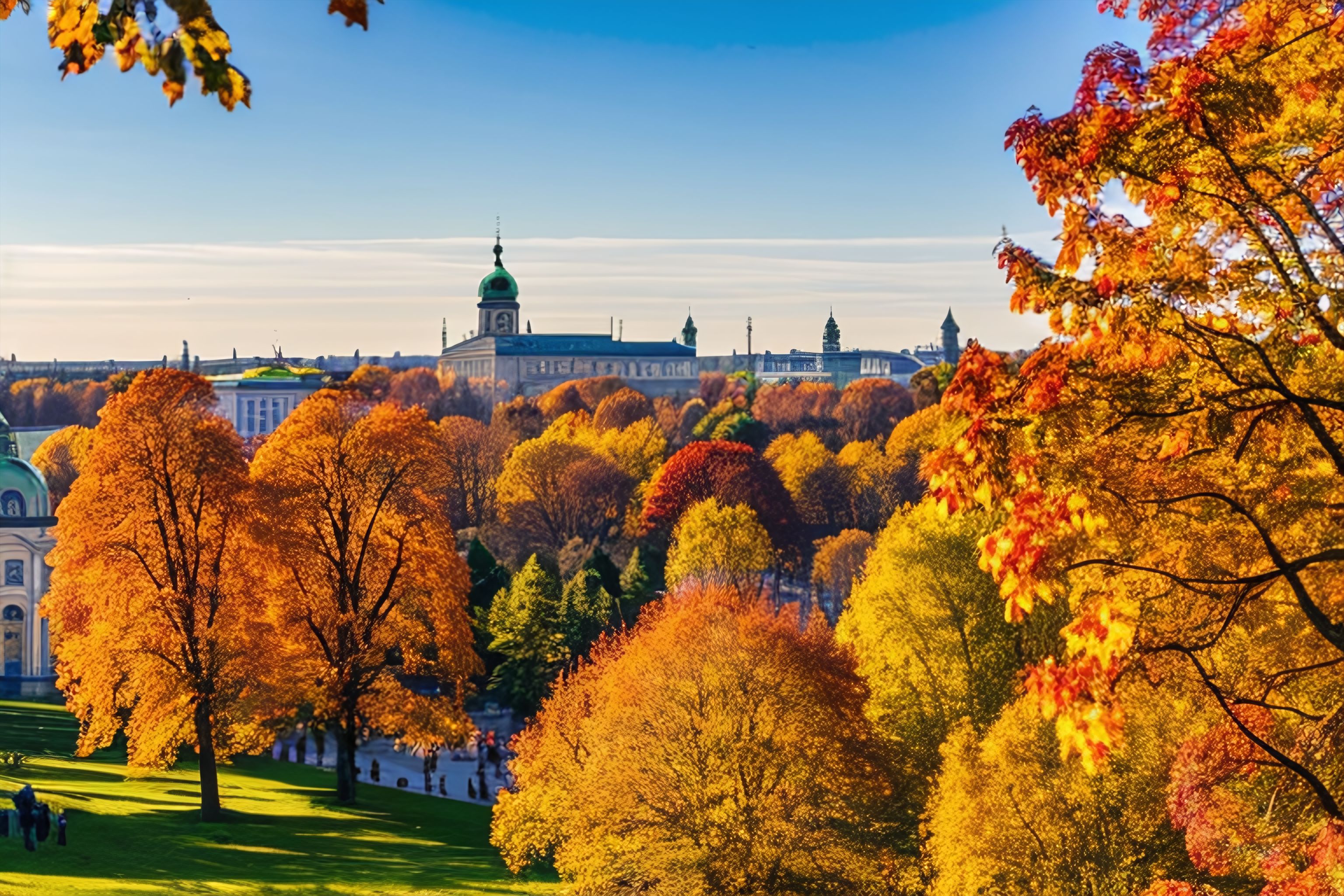 A panoramic view of the Helsinki Cathedral surrounded by autumn trees.
