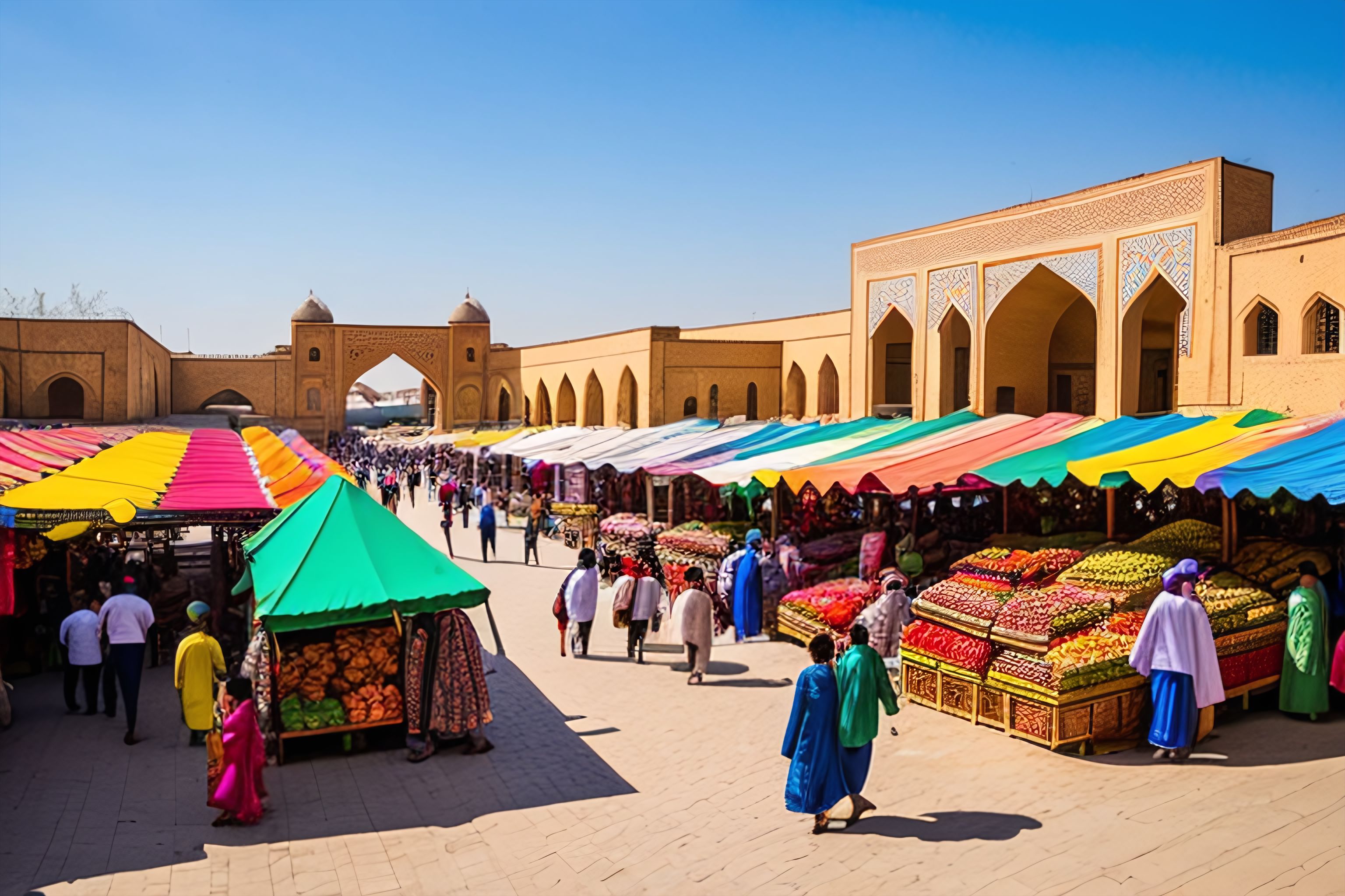 A vibrant photo of a bustling market scene in Uzbekistan