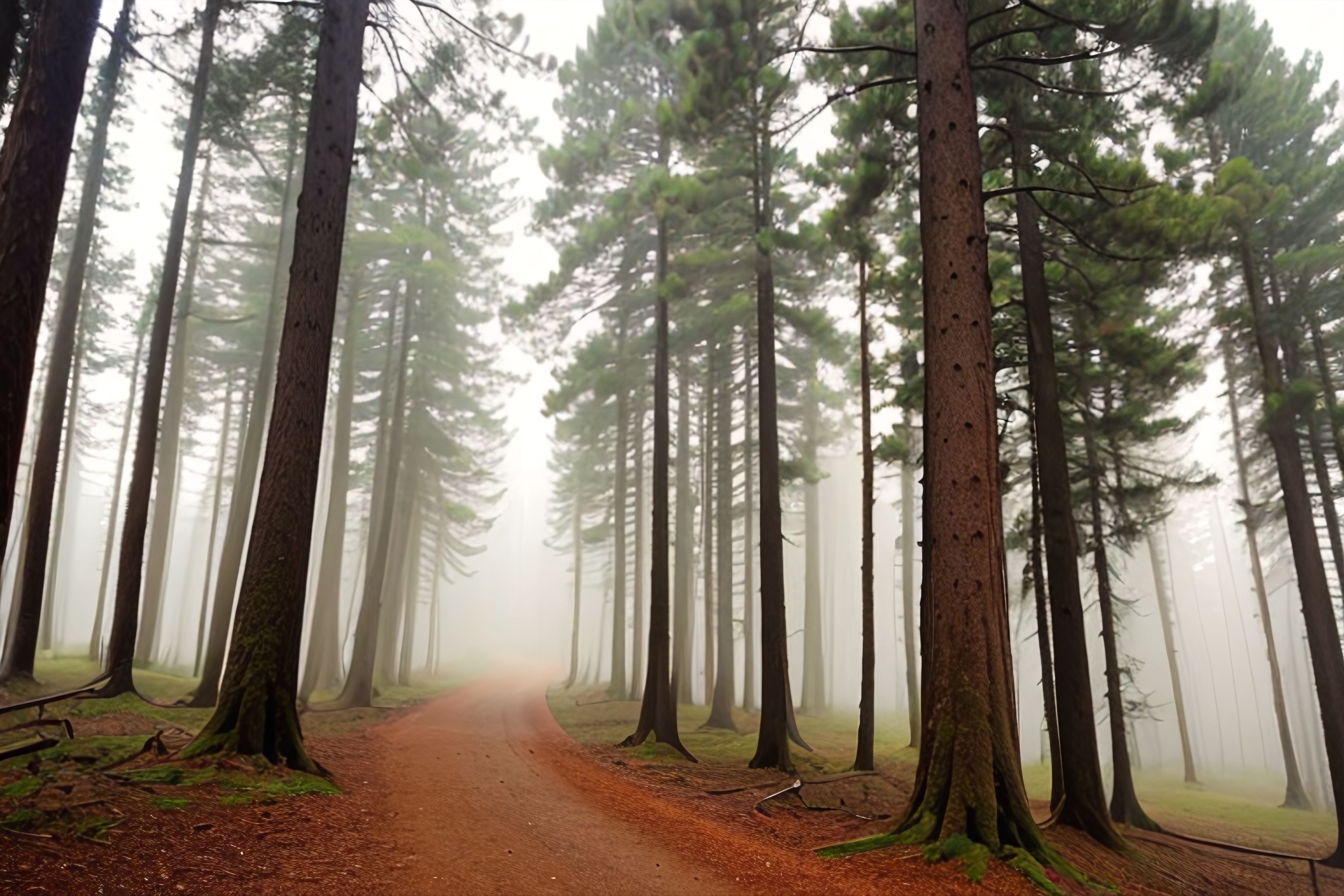 A misty forest with tall pine trees