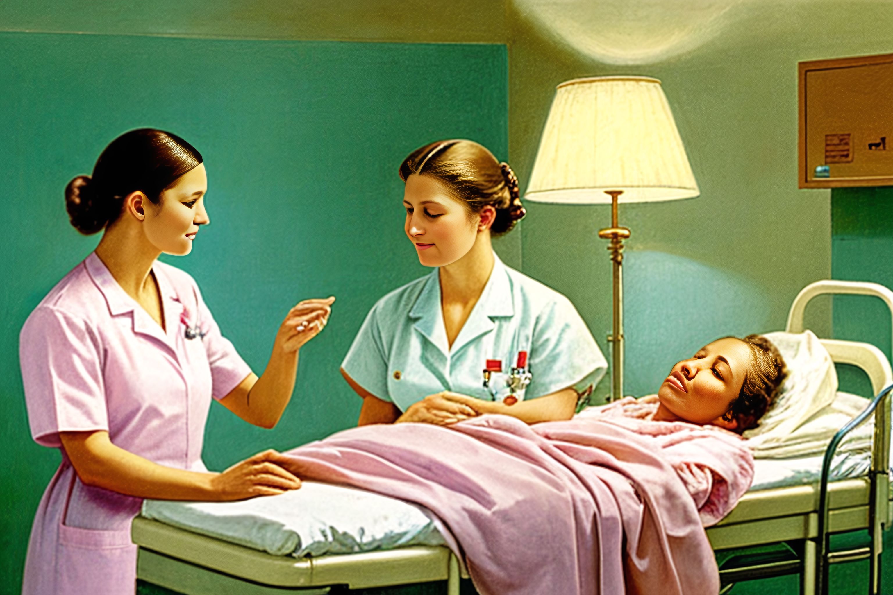 A painting of a nurse tending to a patient in a hospital room.