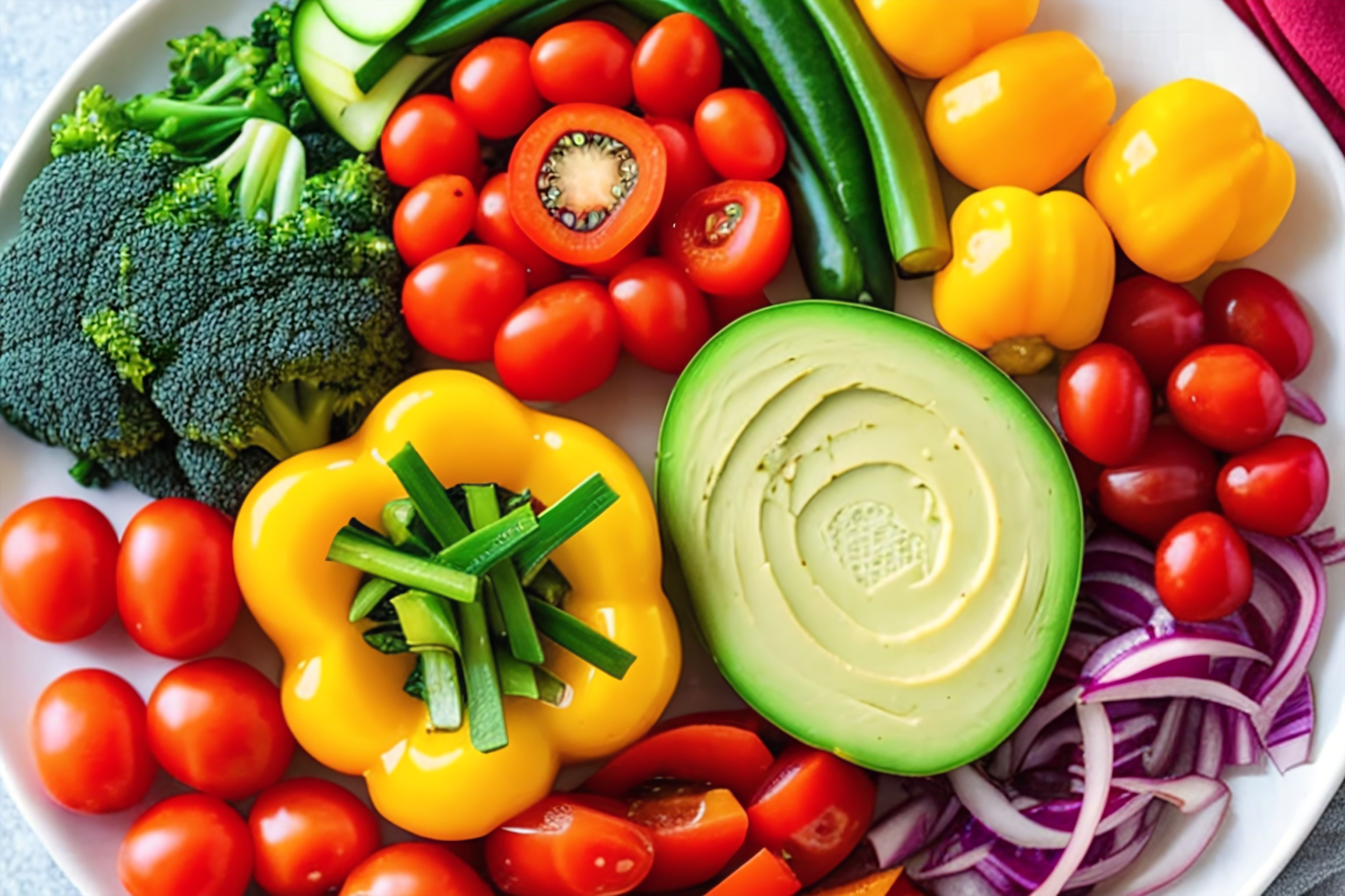 A beautifully arranged plate of colorful vegetables and protein.
