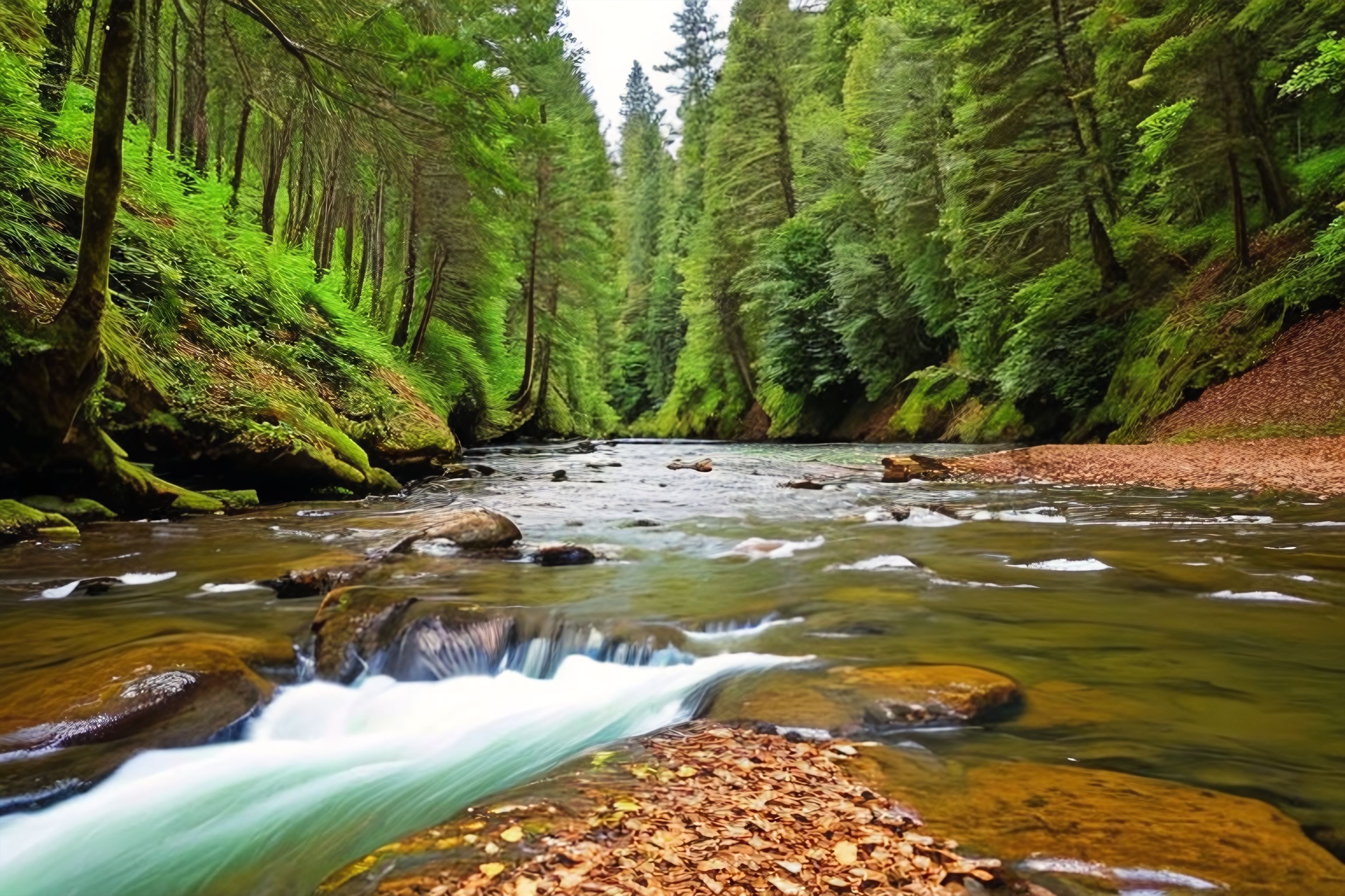 A beautiful scenic shot of a river cutting through the forest.