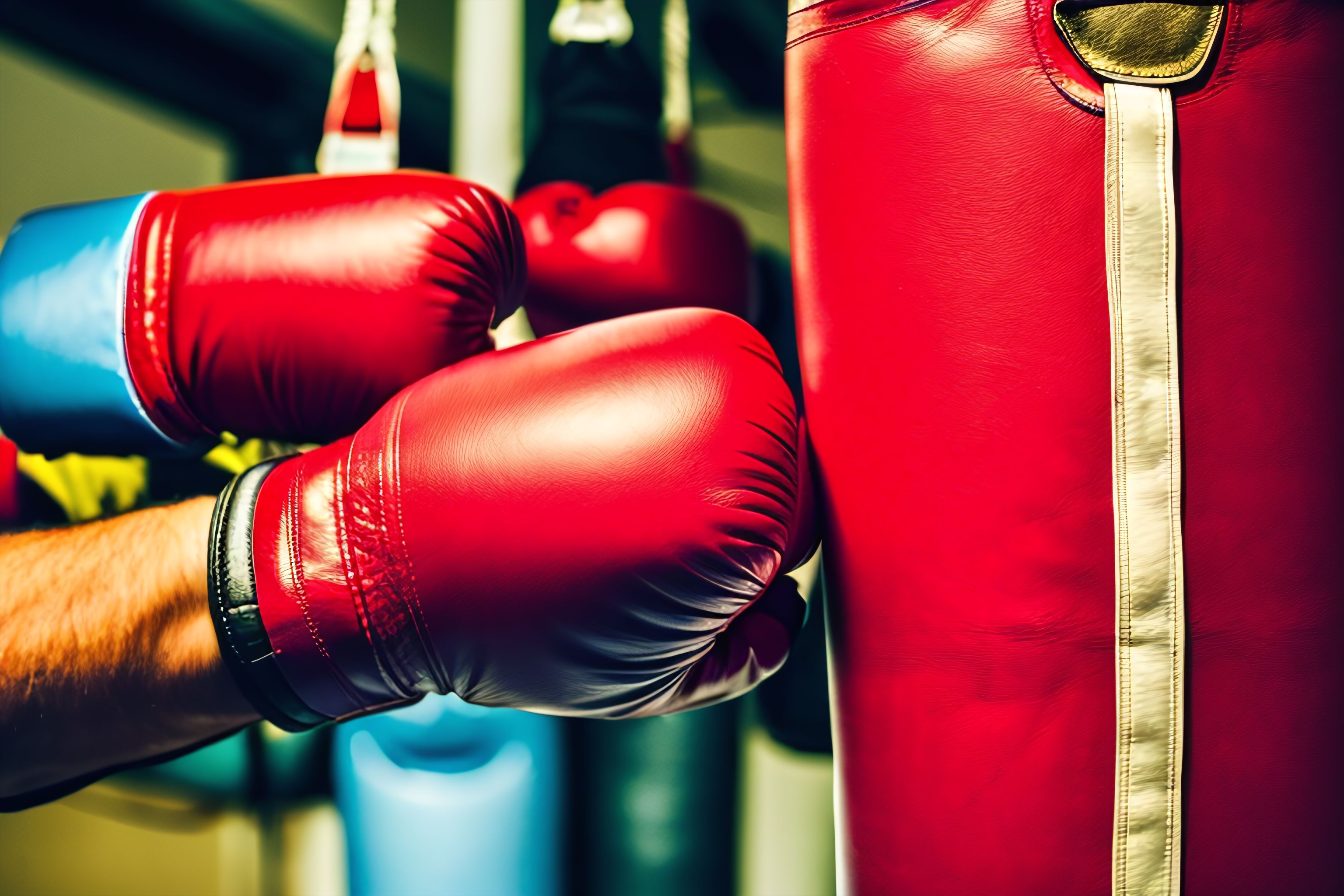 A close-up photo of boxing gloves resting on a punching bag.