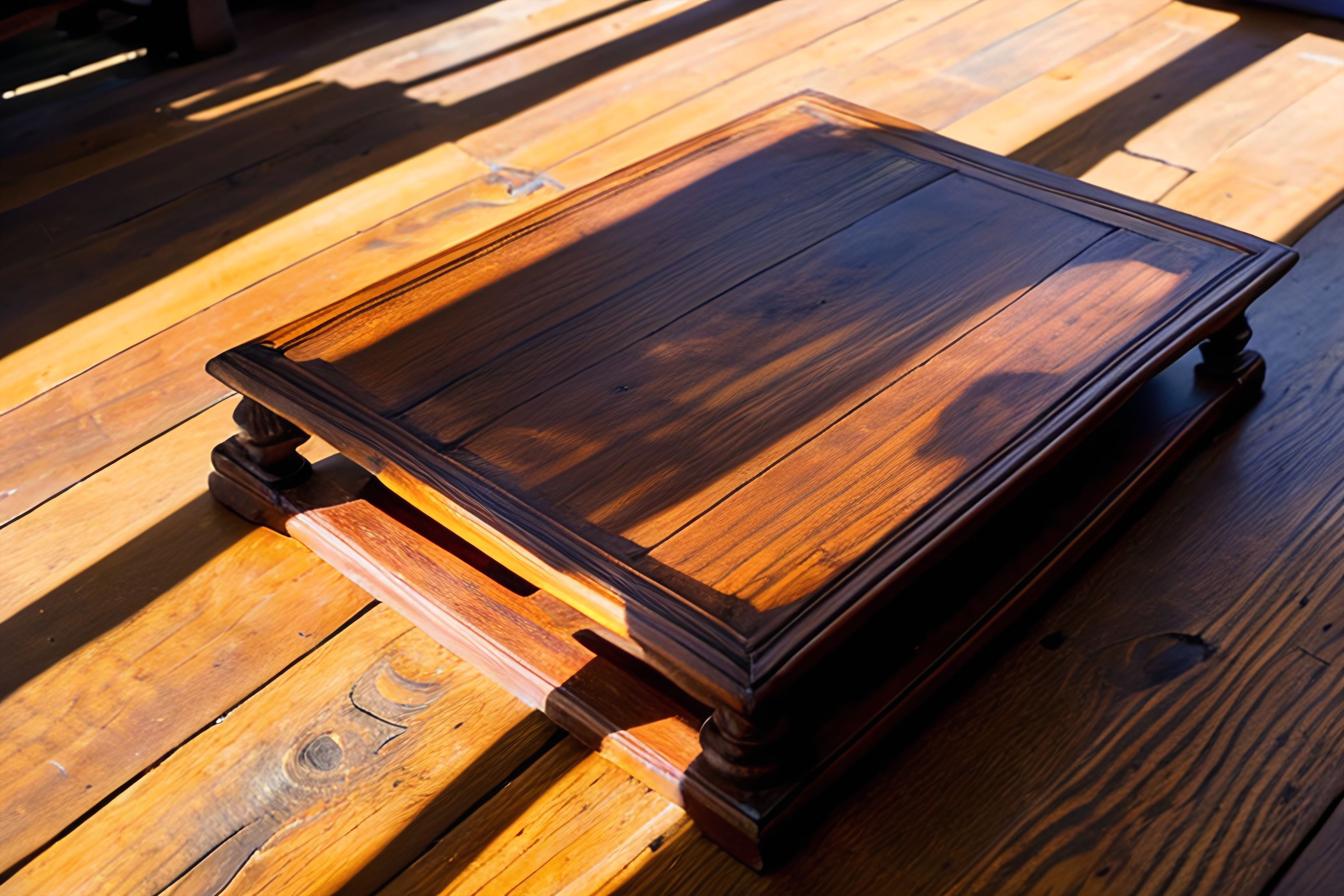 An antique set of scales rests on a wooden table, casting a shadow.