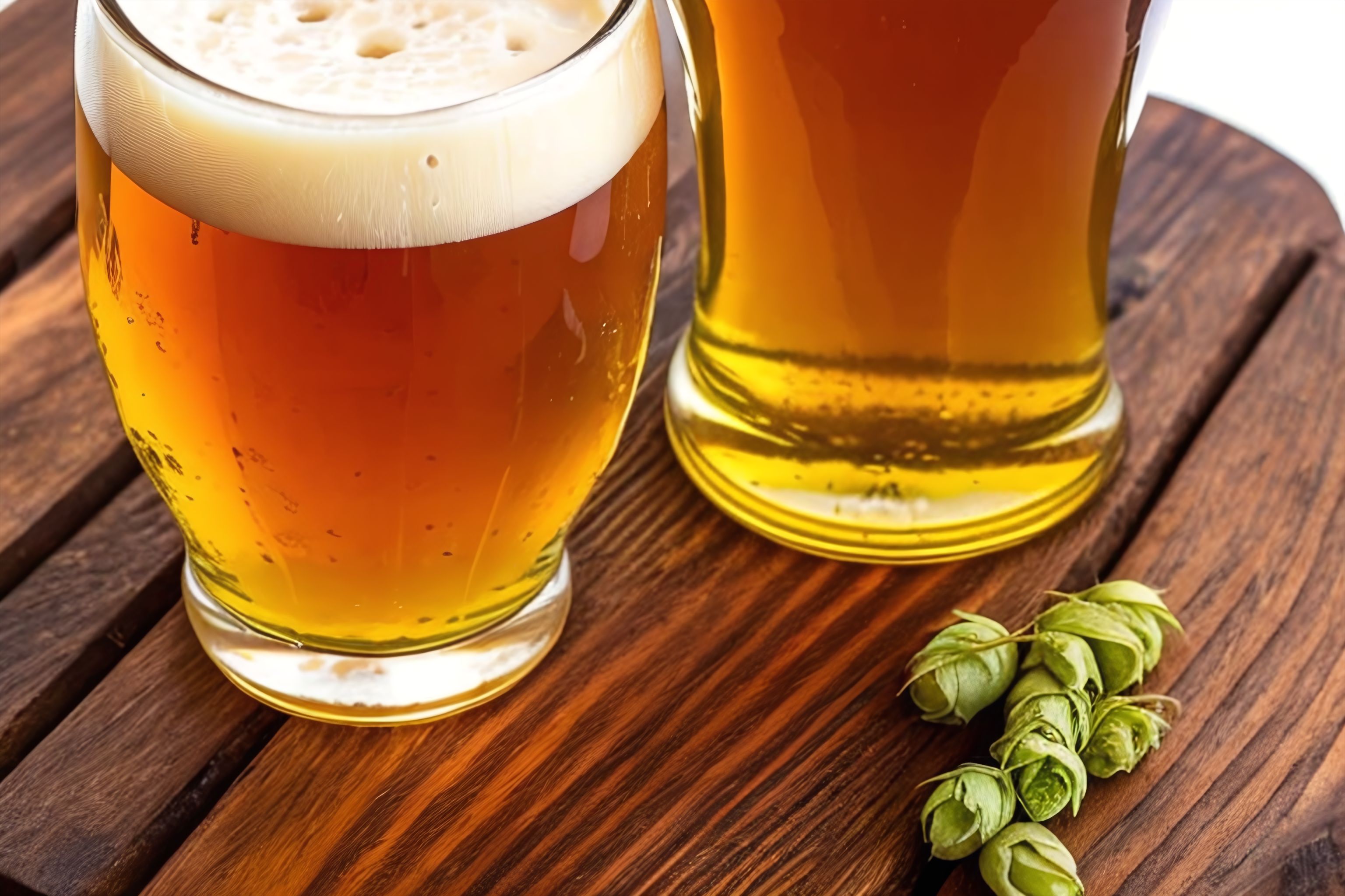 A glass of beer with hops floating on top