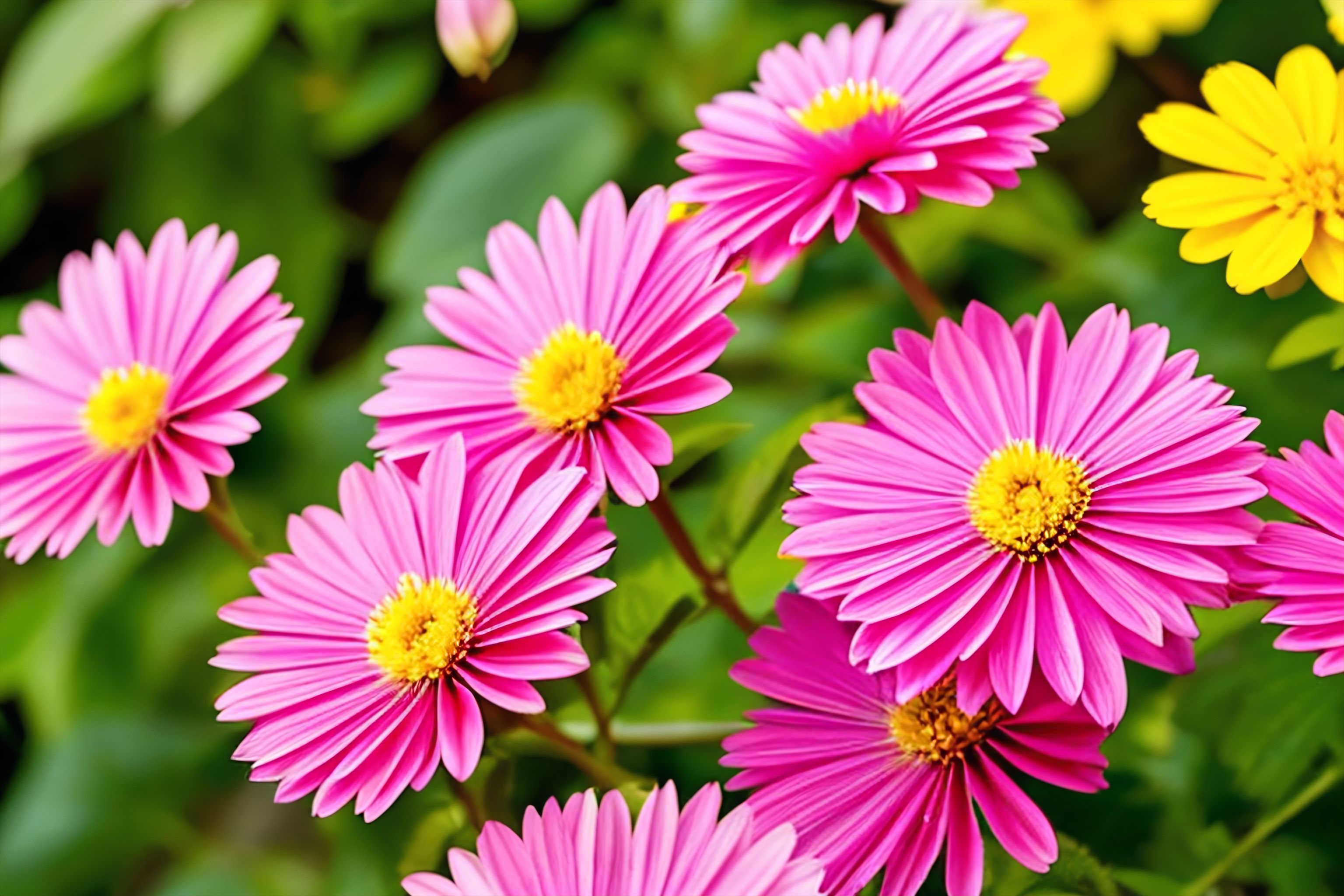 Close-up of pink and yellow flowers in a garden