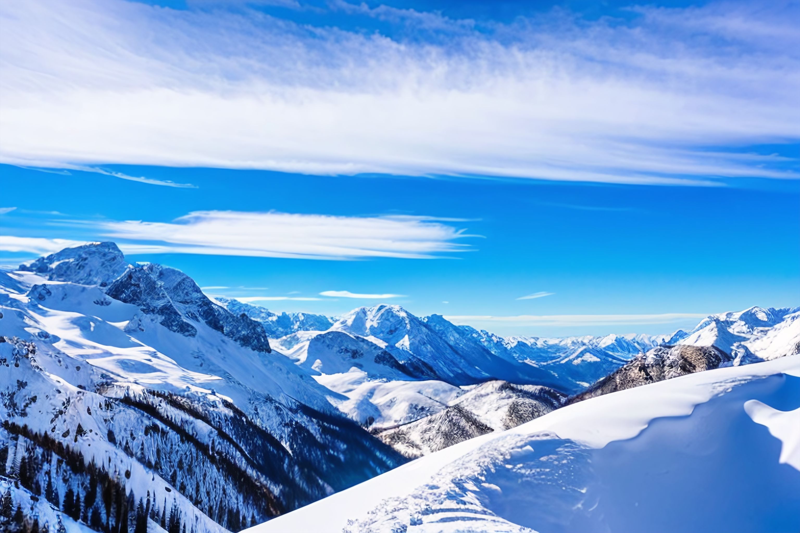 A breathtaking view of snow-covered mountains against a clear blue sky.