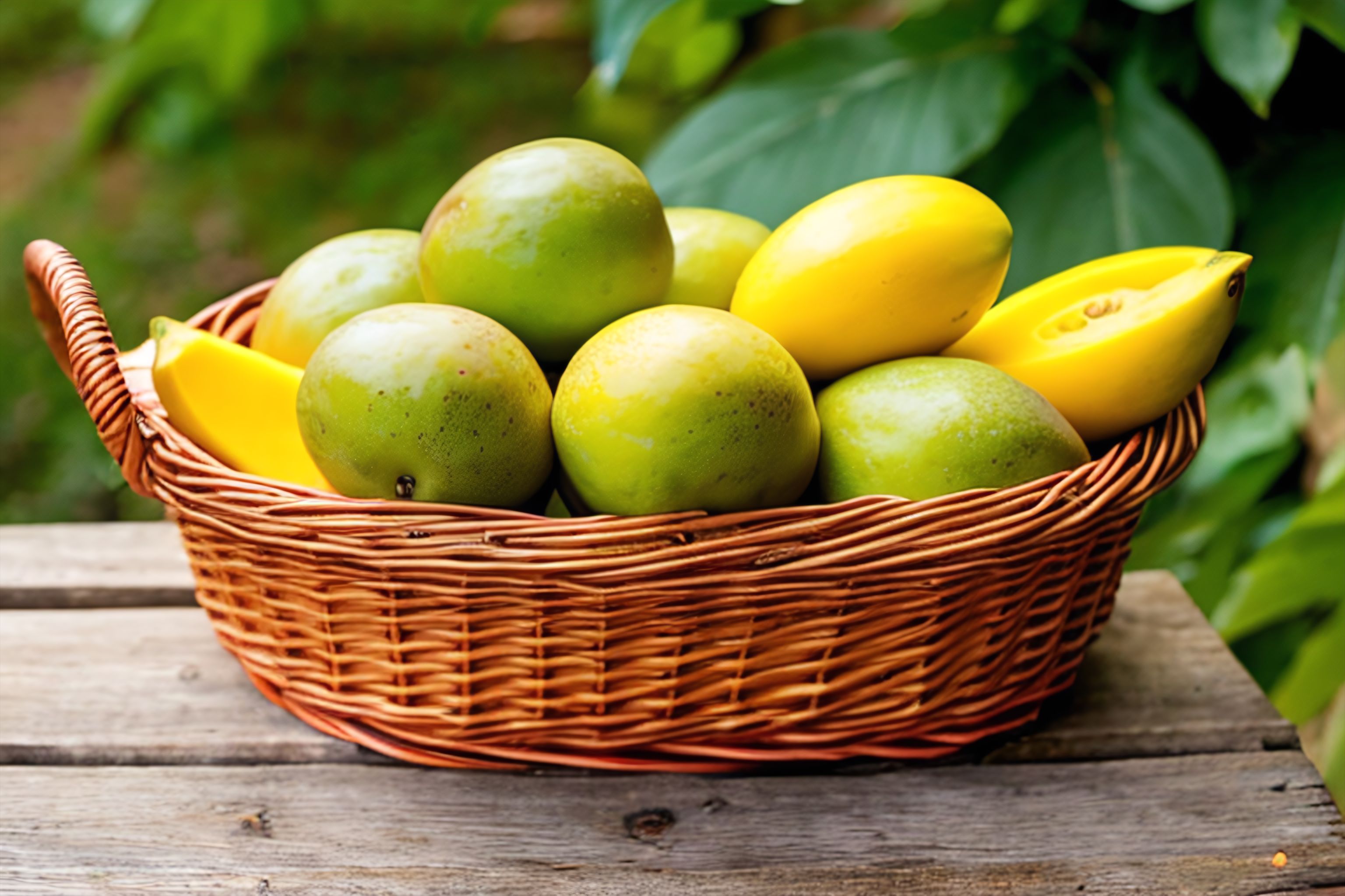 A basket of ripe, juicy mangoes sits on a wooden bench.