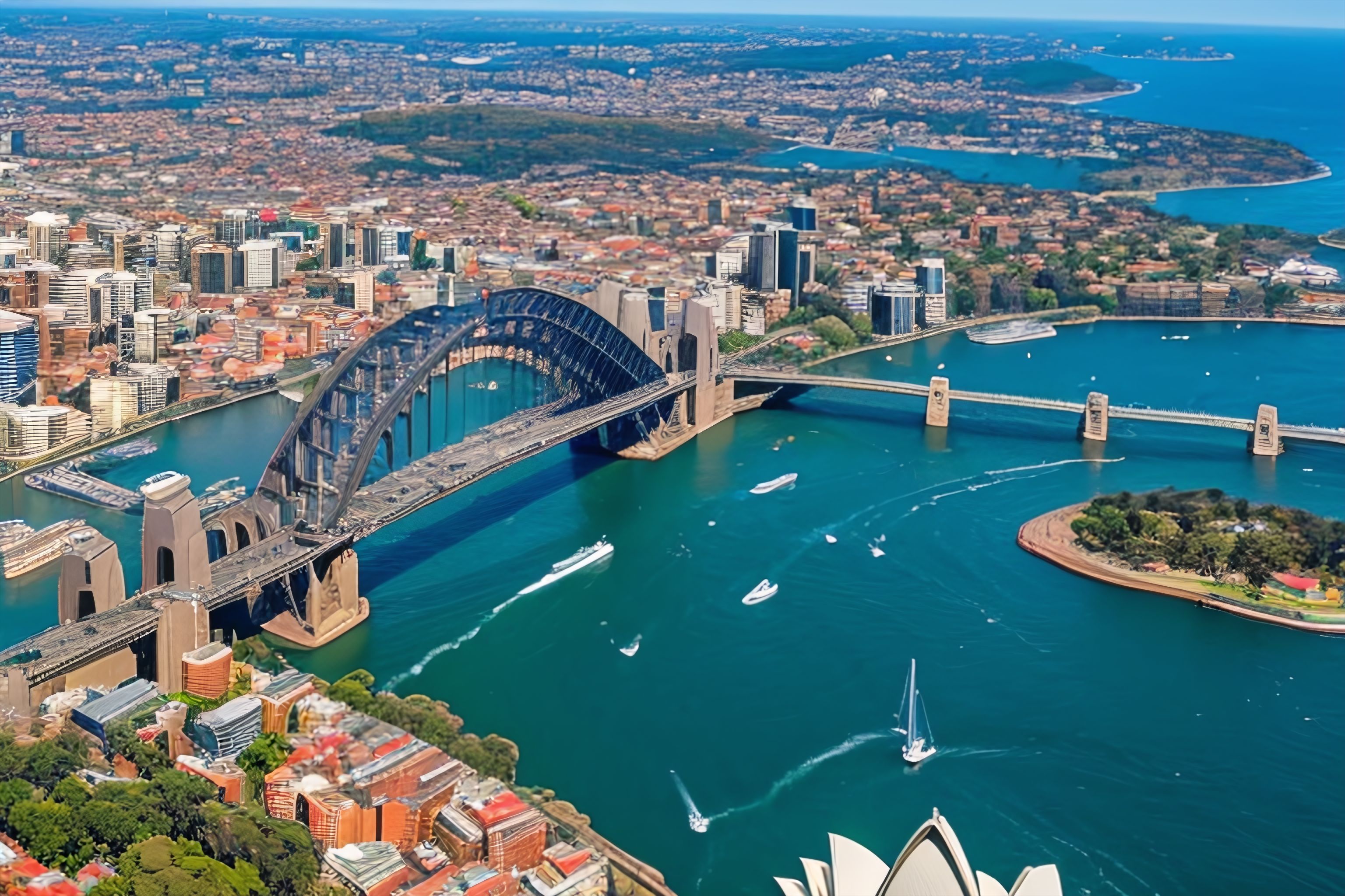 Aerial view of Sydney Harbour Bridge and Opera House