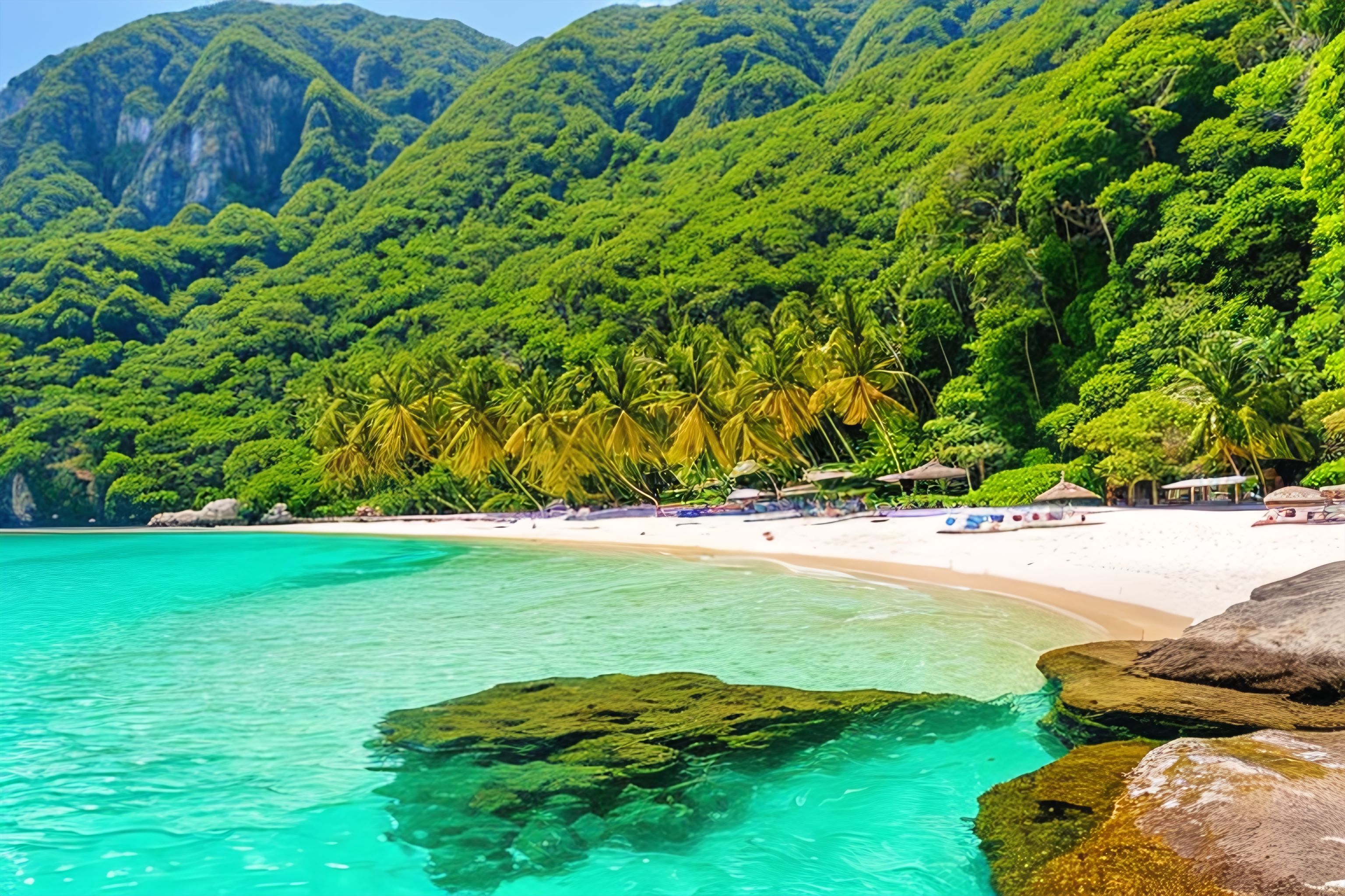 A pristine beach with crystal-clear water and lush greenery in the background.