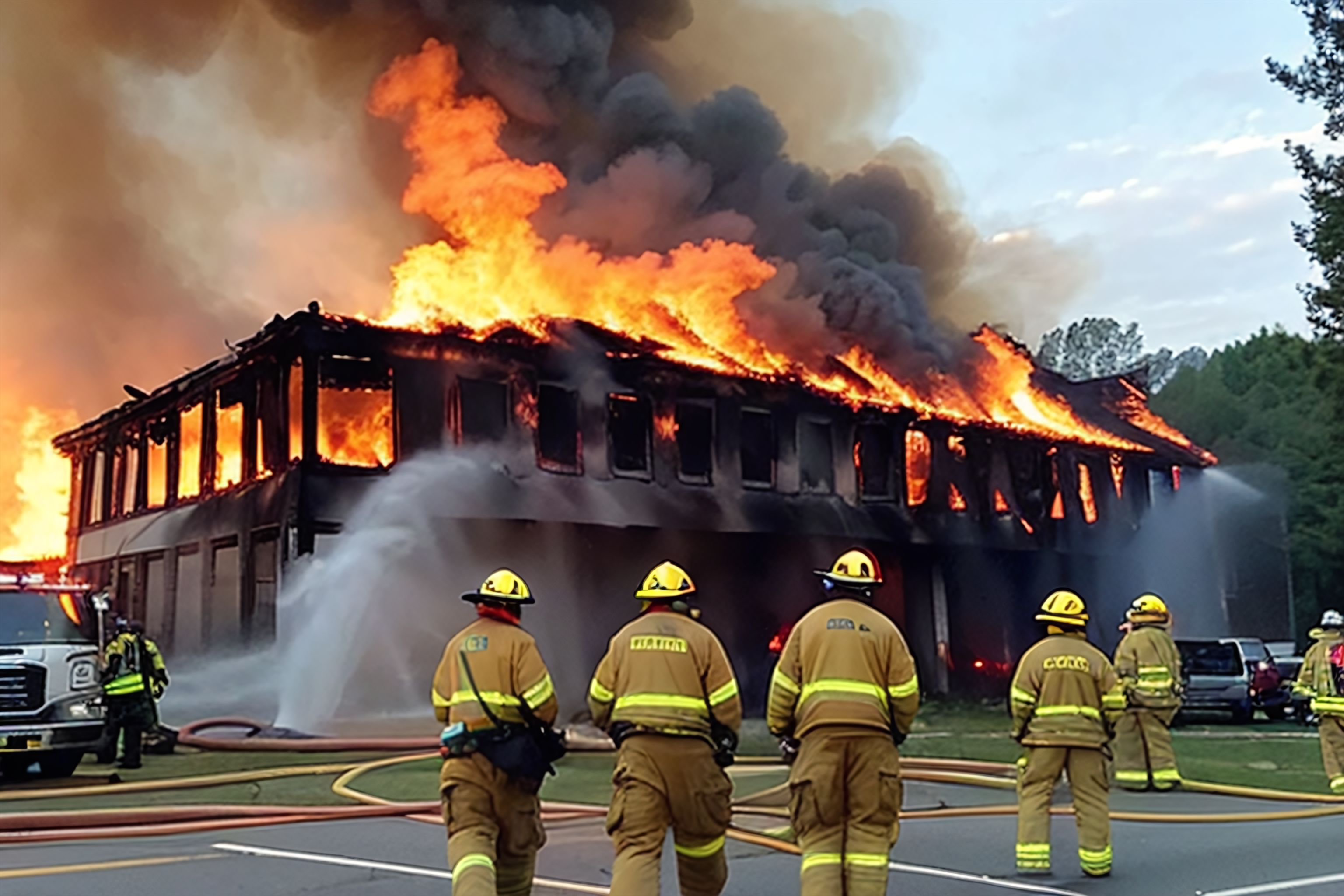 A burning building with firefighters battling the flames