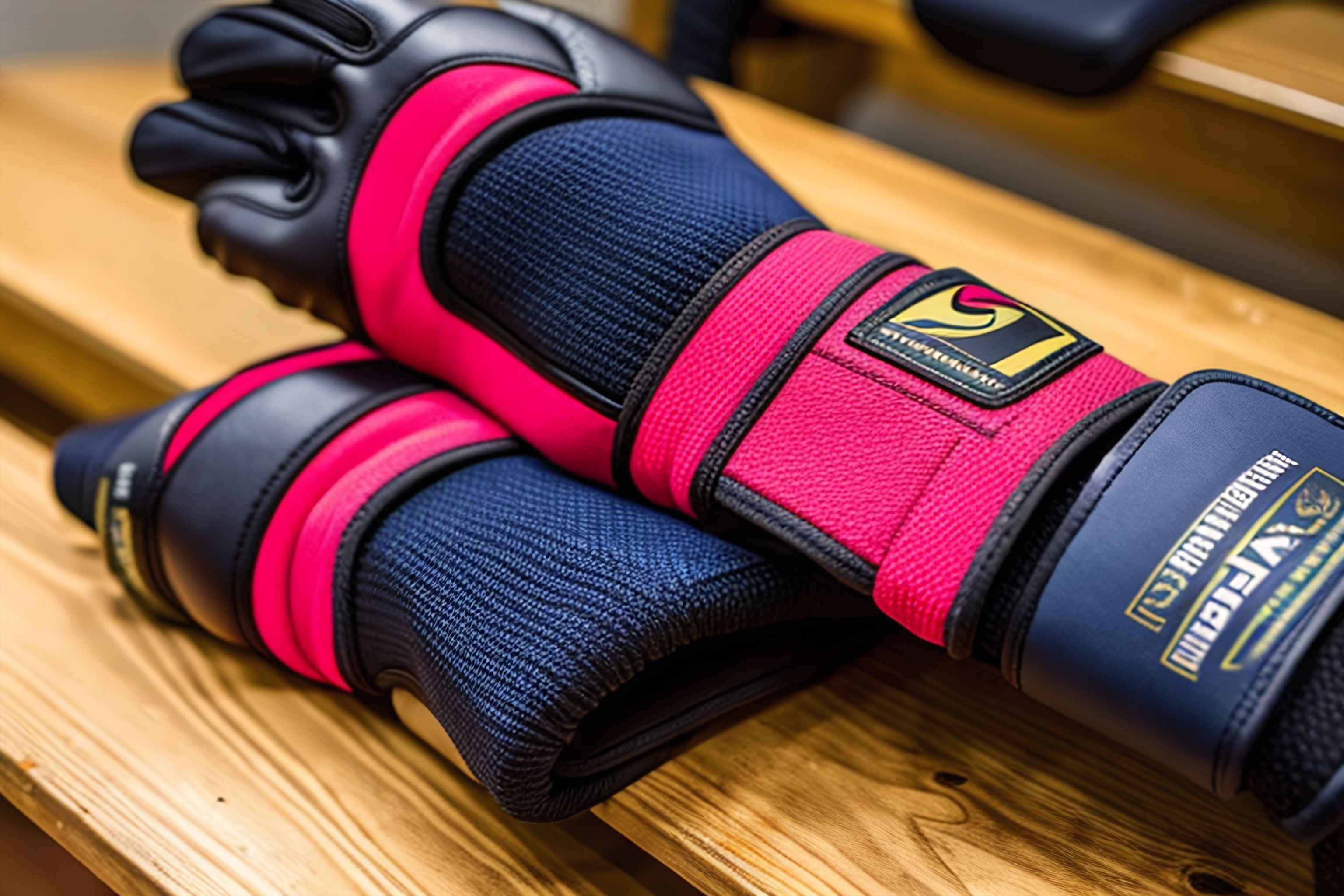 A pair of grappling gloves on a wooden bench in a gym.