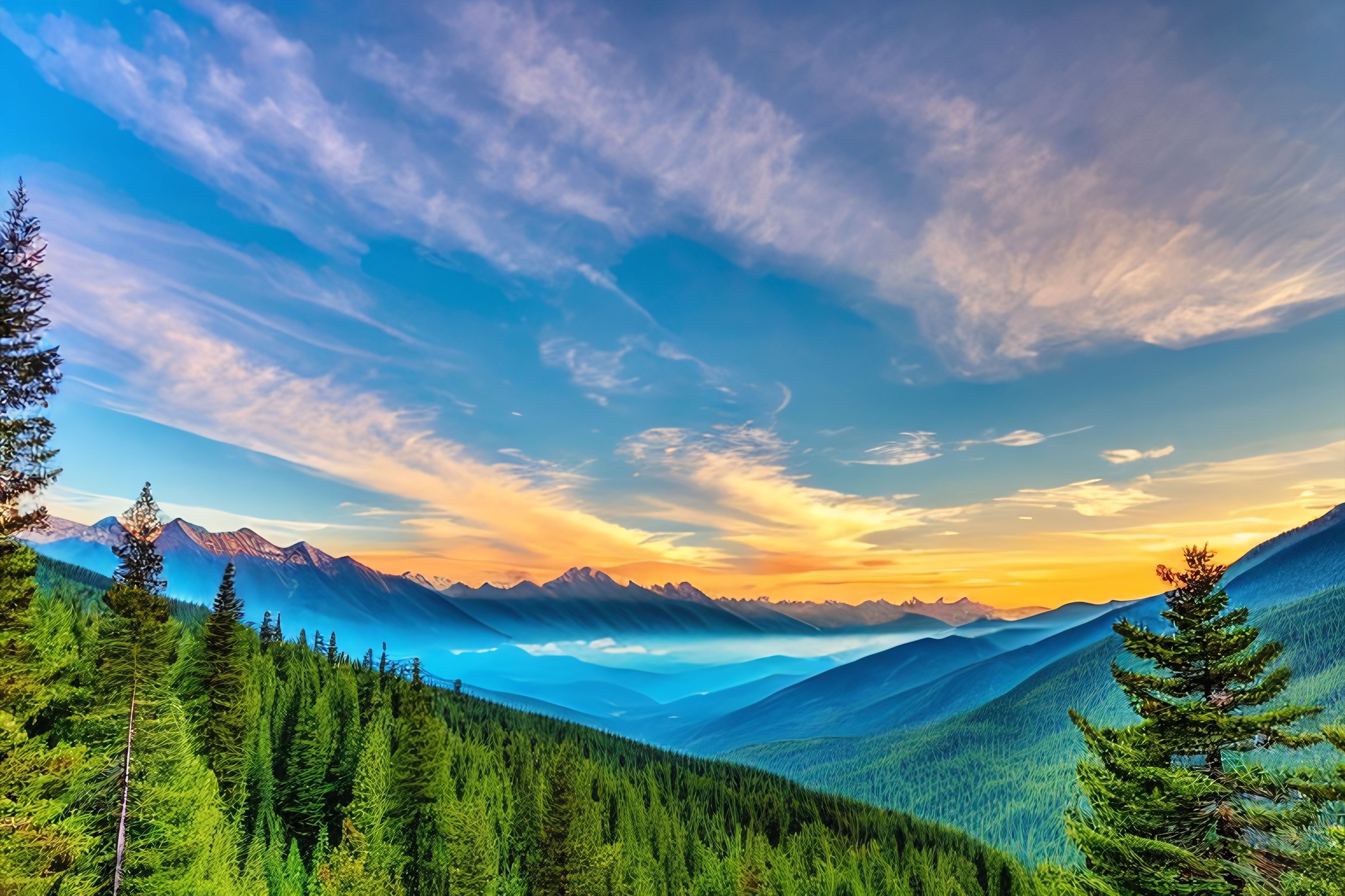 A picture of a beautiful mountain view with trees and clouds in the background.