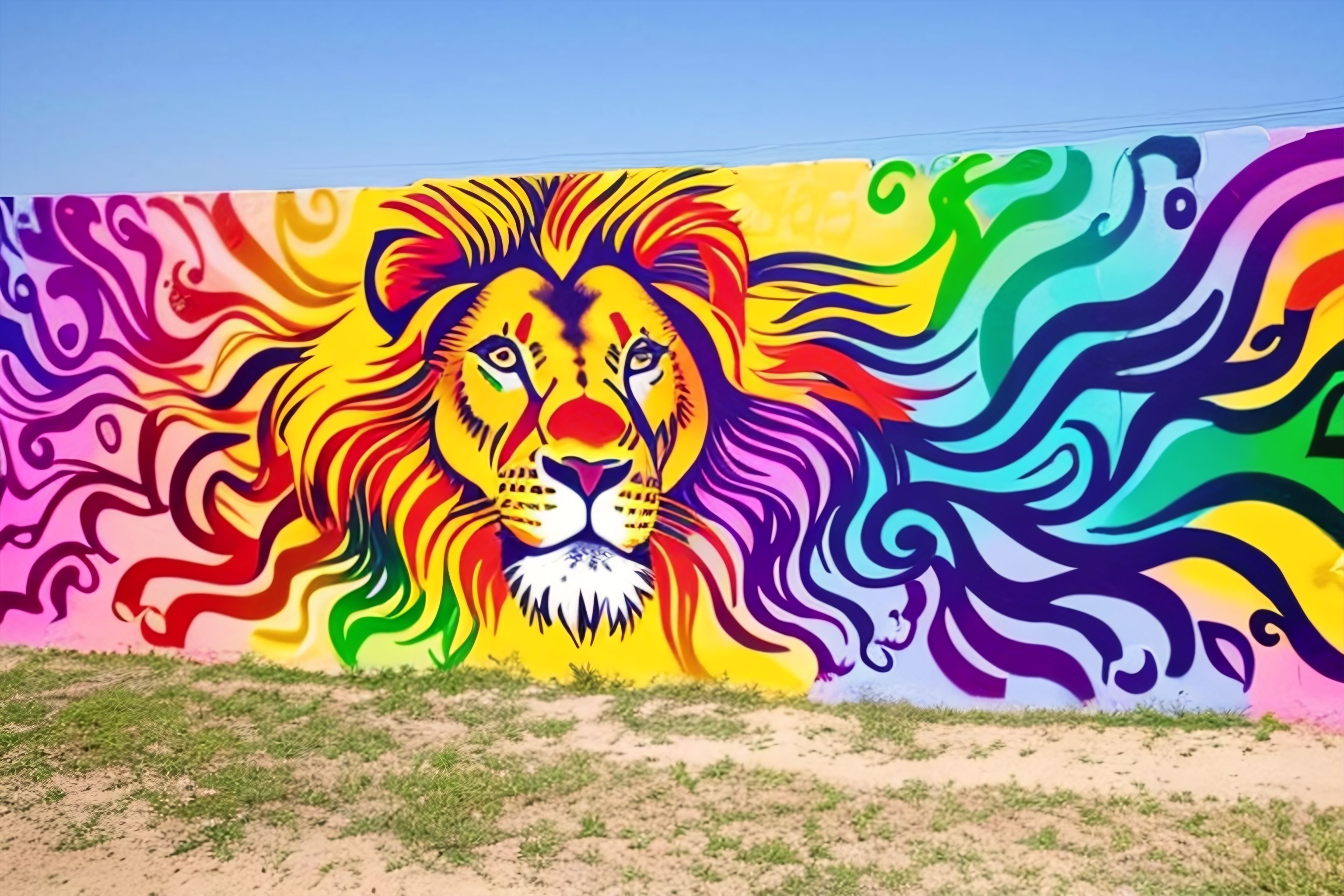 A colorful graffiti wall with the words 'lion heart'